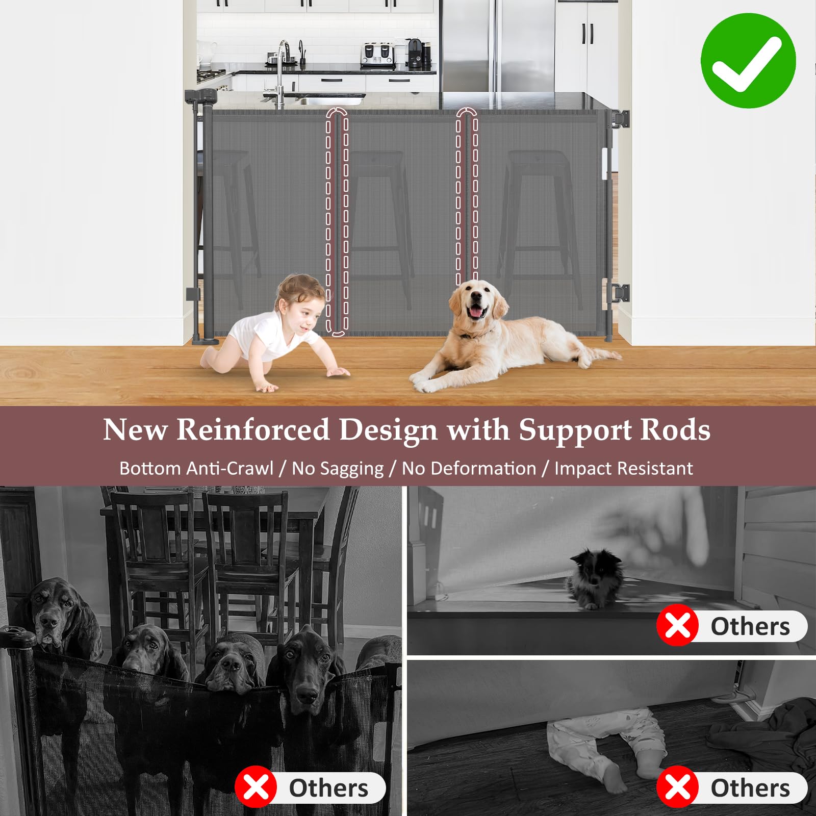 GRENFU Retractable Baby Gate - 41" Tall x 55" Wide, Gray, Extra Tall Indoor/Outdoor Pet Gate with Support Rods, Model TH-A147