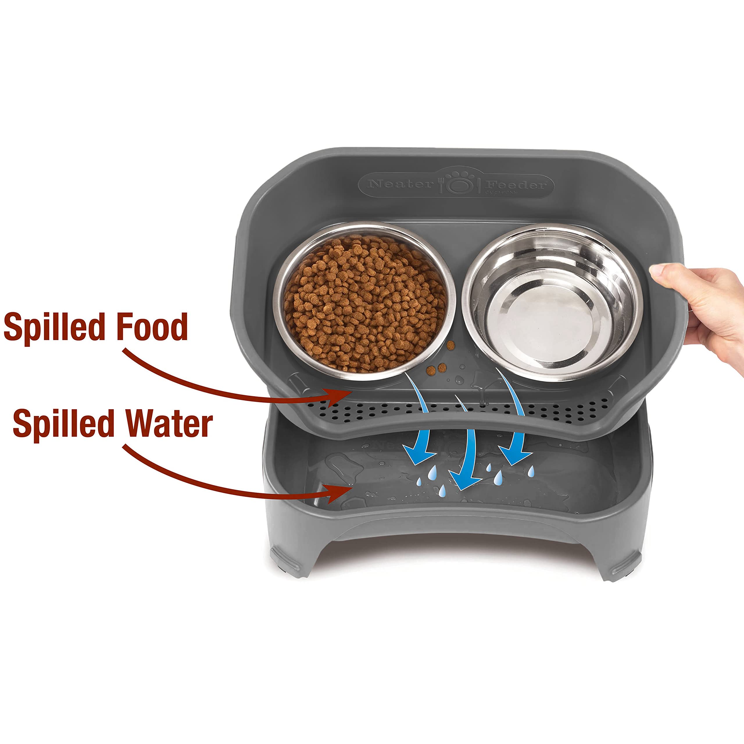 Neater Feeder - Express Model W/ Slow Feed Bowl - Mess-Proof Dog Bowls (M/L, Grey) Made In Usa - Elevated, No Spill, Non-Tip, No