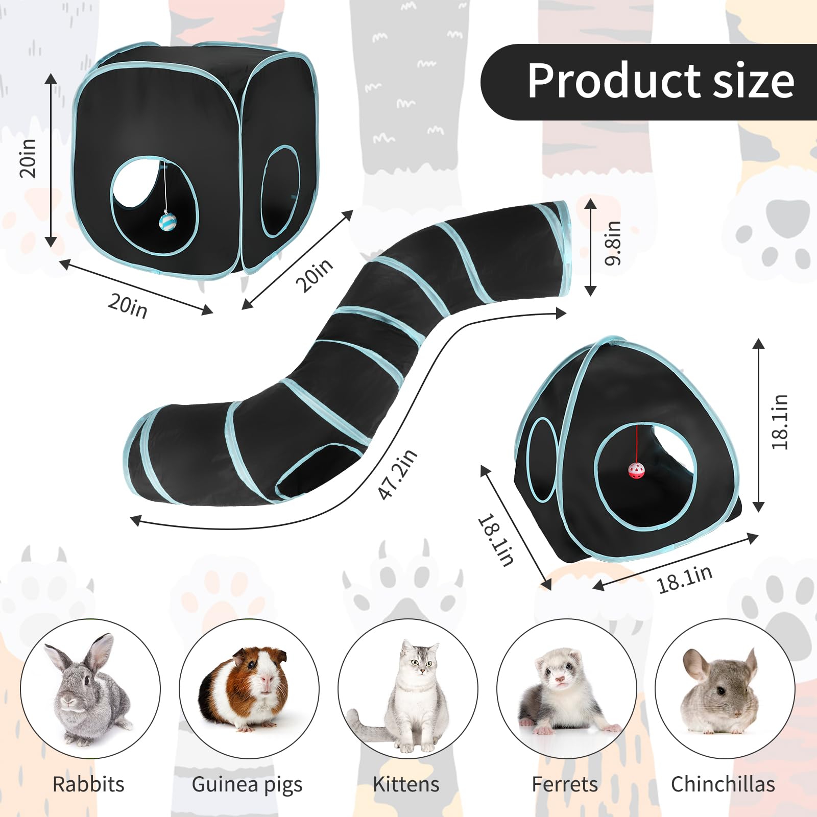 YUEPET Large Rabbit Tunnel and Cube - Collapsible Interactive Crinkle Toy for Dwarf Bunny & Guinea Pig, Black Blue