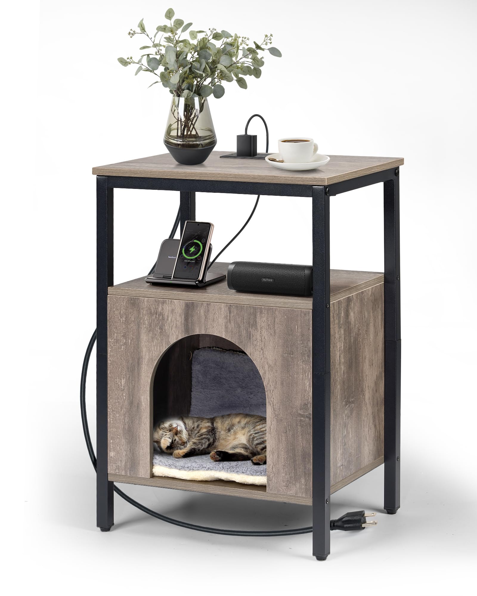 Upolana Cat End Table with Charging Station, Indoor Cat House Side Table with Bed, Cat Cave Hideaway Night Stand, Greige