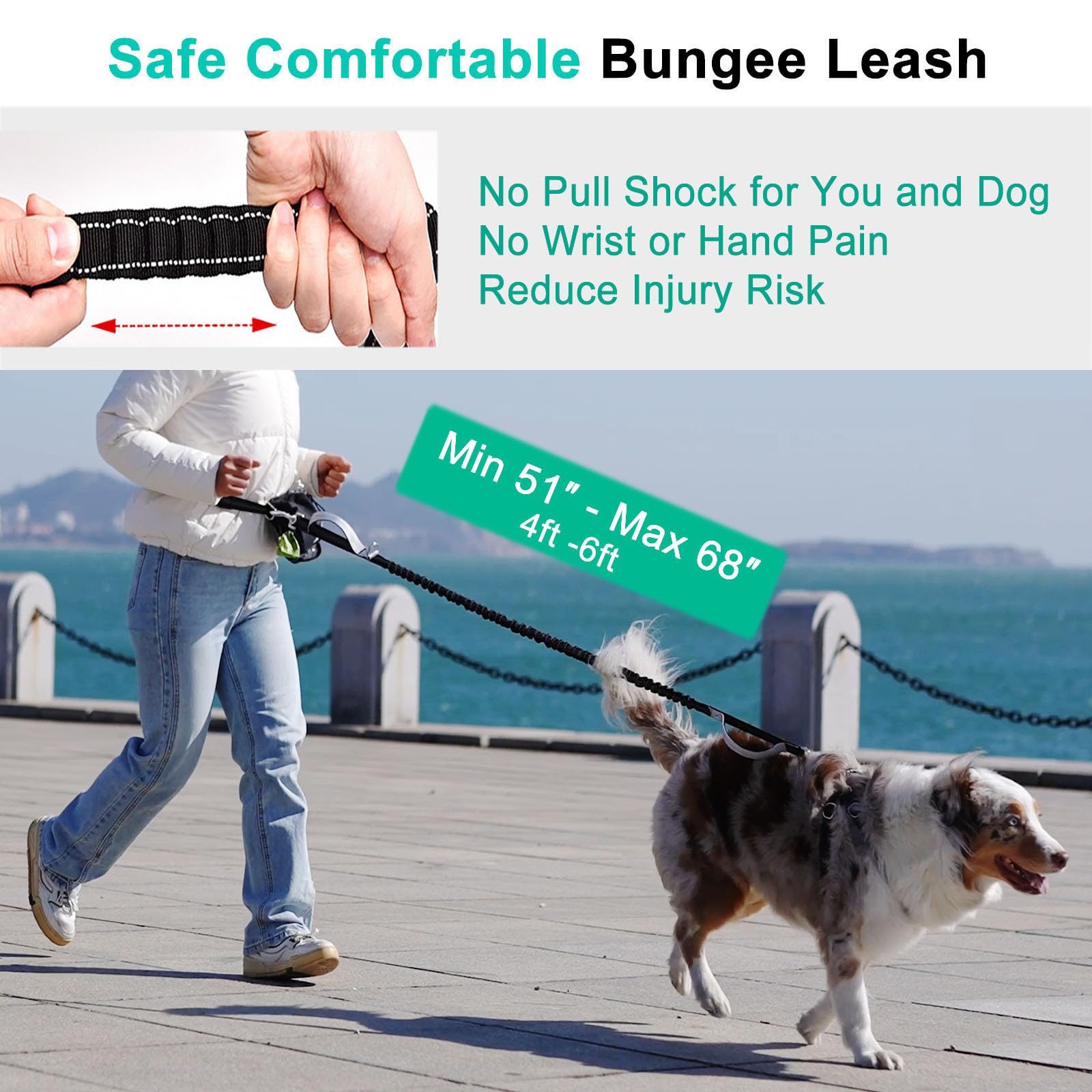 Hands Free Dog Leash With Pouch, Waist Leash For Dog Walking With Water Bottle Holder, Reflective Stitching, Dual Handle, Bungee