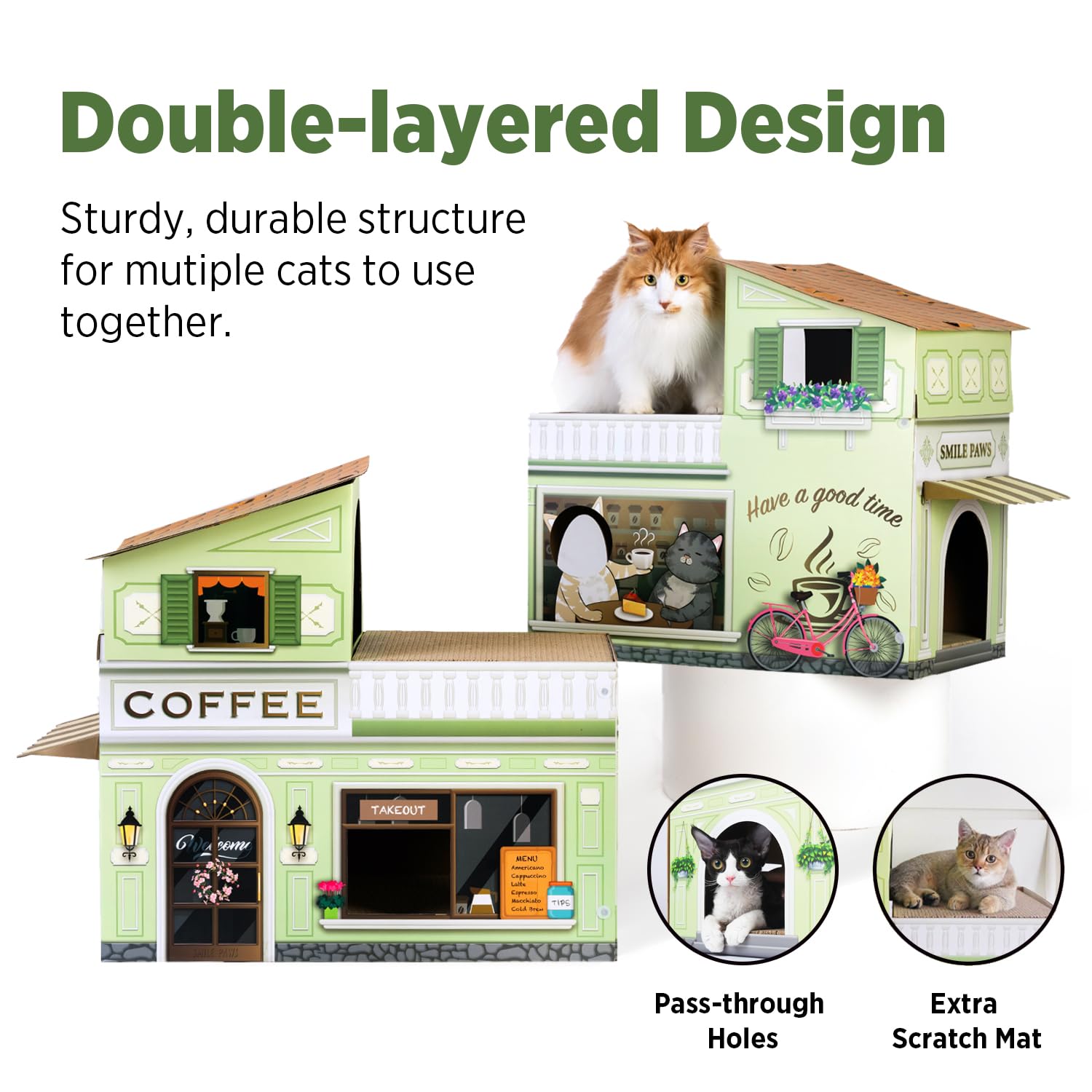 SMILE PAWS Large Coffee Shop Cat Bed - Sturdy Cardboard Cat House with Scratchers, Easy to Assemble Condo for Indoor Cats and Small Animals