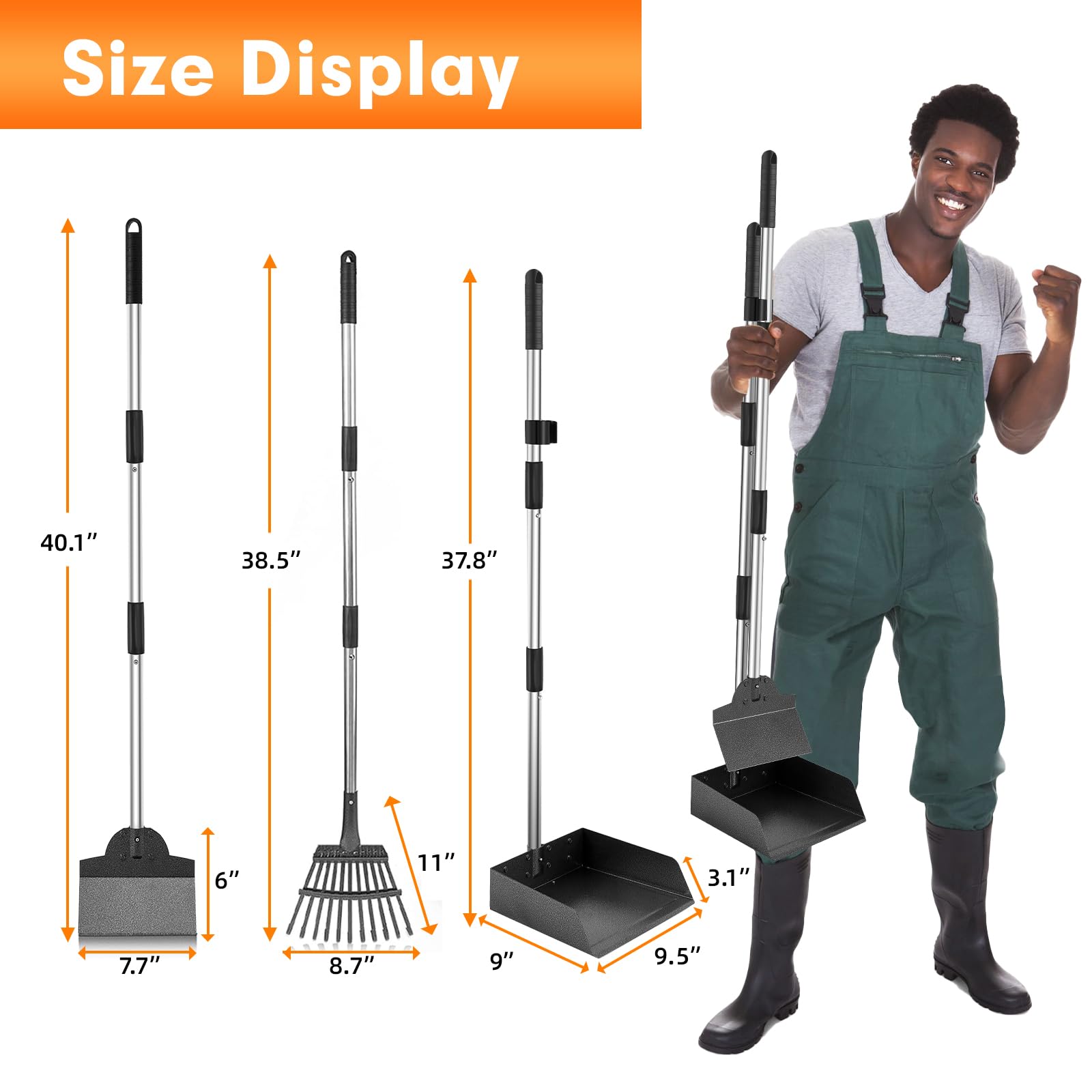 Luffwell Dog Pooper Scooper, Adjustable Handle Poop Scooper With Tray,Rake And Spade Set Of 3, Steel Stainless Poop Scoop For Medium Large Dogs And Pet Waste On Grass, Dirt And Gravel (Large Size)