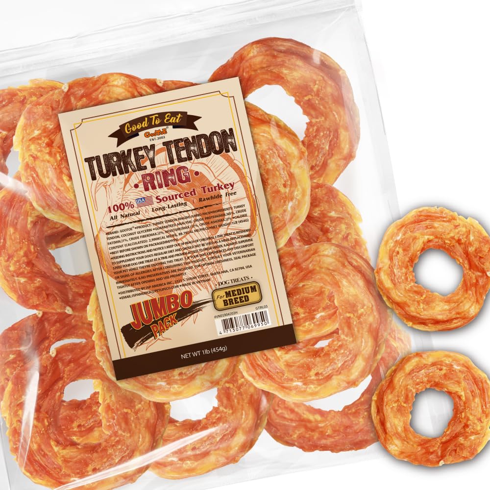 Gootoe Turkey Tendon Dog Treats, Ring (M) 1 lb, 100% USA Sourced Turkey, Natural Snack, Premium Puppy Chews, Hypoallergenic, Raw