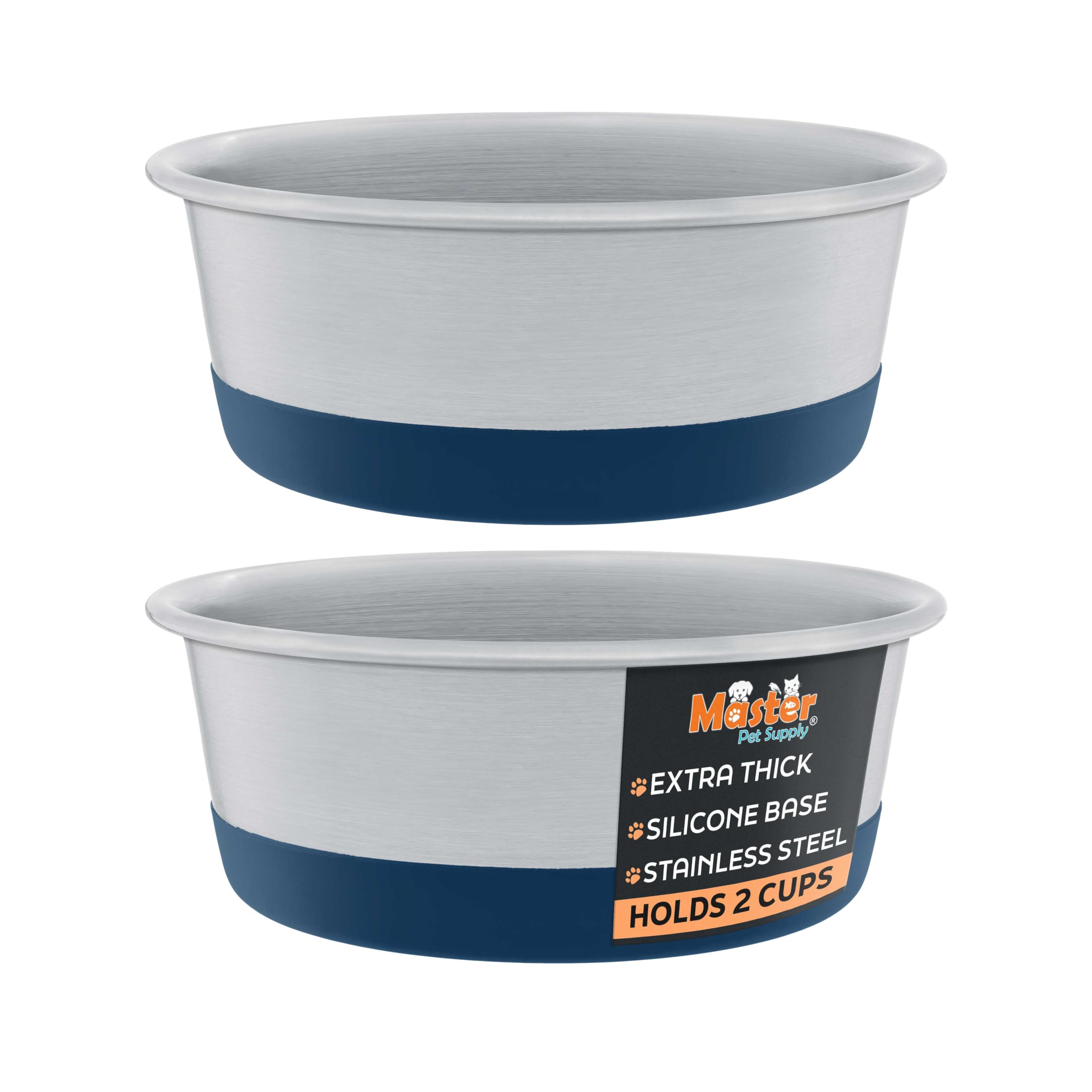 Master Pet Supply Stainless Steel Dog Bowls Set of 2 with Extra Thick Silicone Base - 2 Cup (16 oz) Navy Blue, Non-Slip, Dishwas