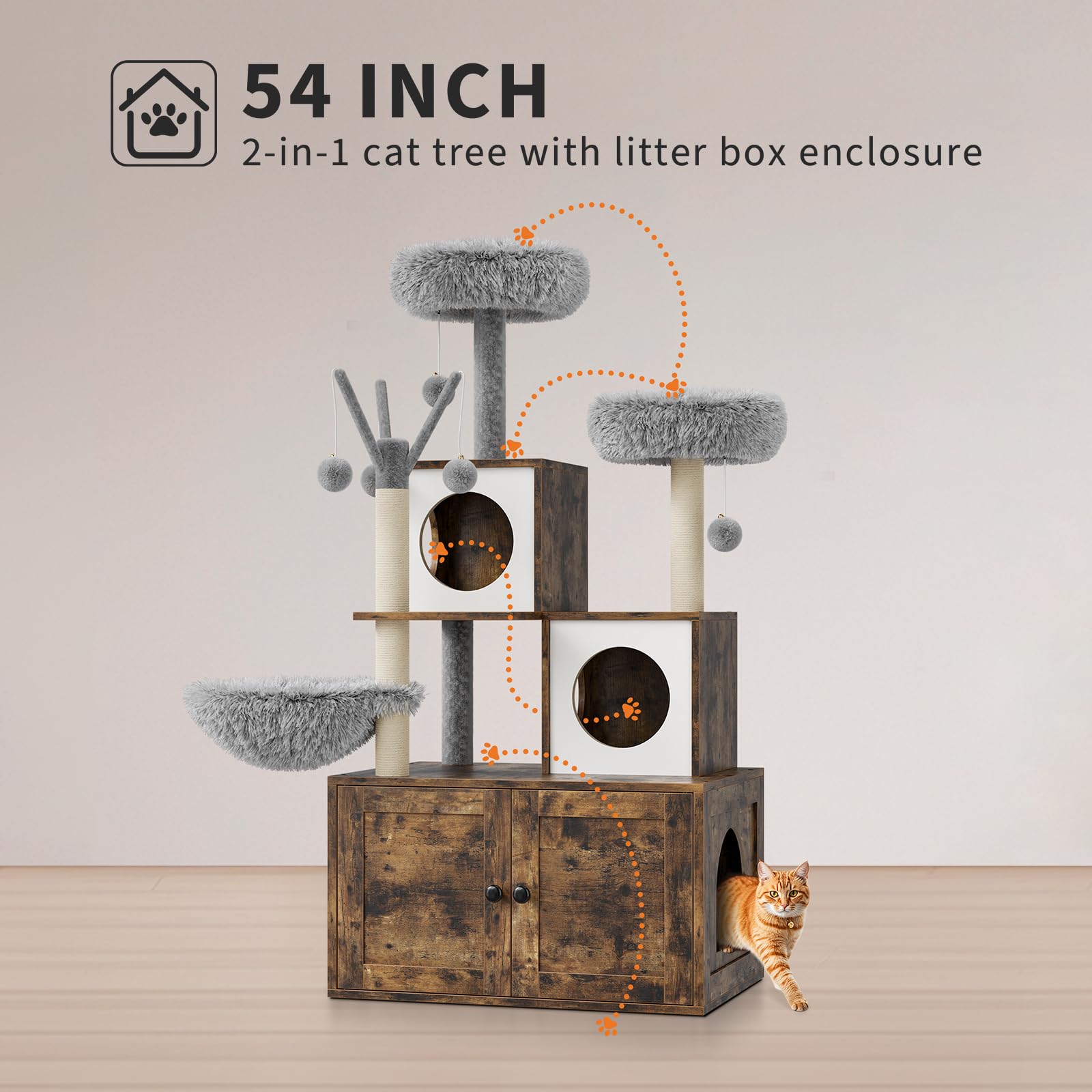 57.5-Inch Cat Tree with Litter Box Enclosure 2-in-1 Modern Cat Tower with Cat Condo/Hammock/Scratching Post/Plush Perch/Removabl