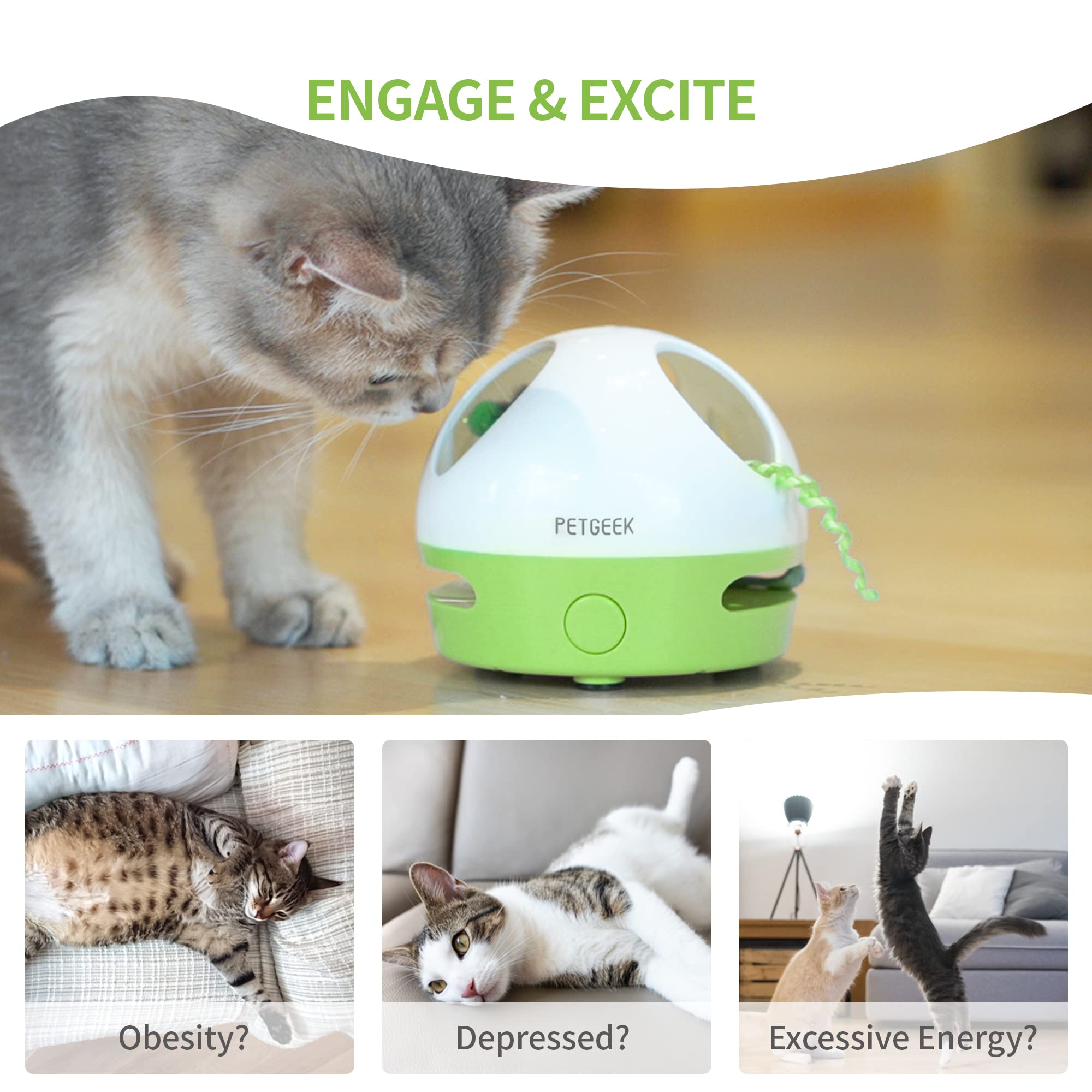 PETGEEK Interactive Cat Toy - Automatic Squeaky Mouse with Catnip, Engaging Indoor Exercise for Cats, Green Color