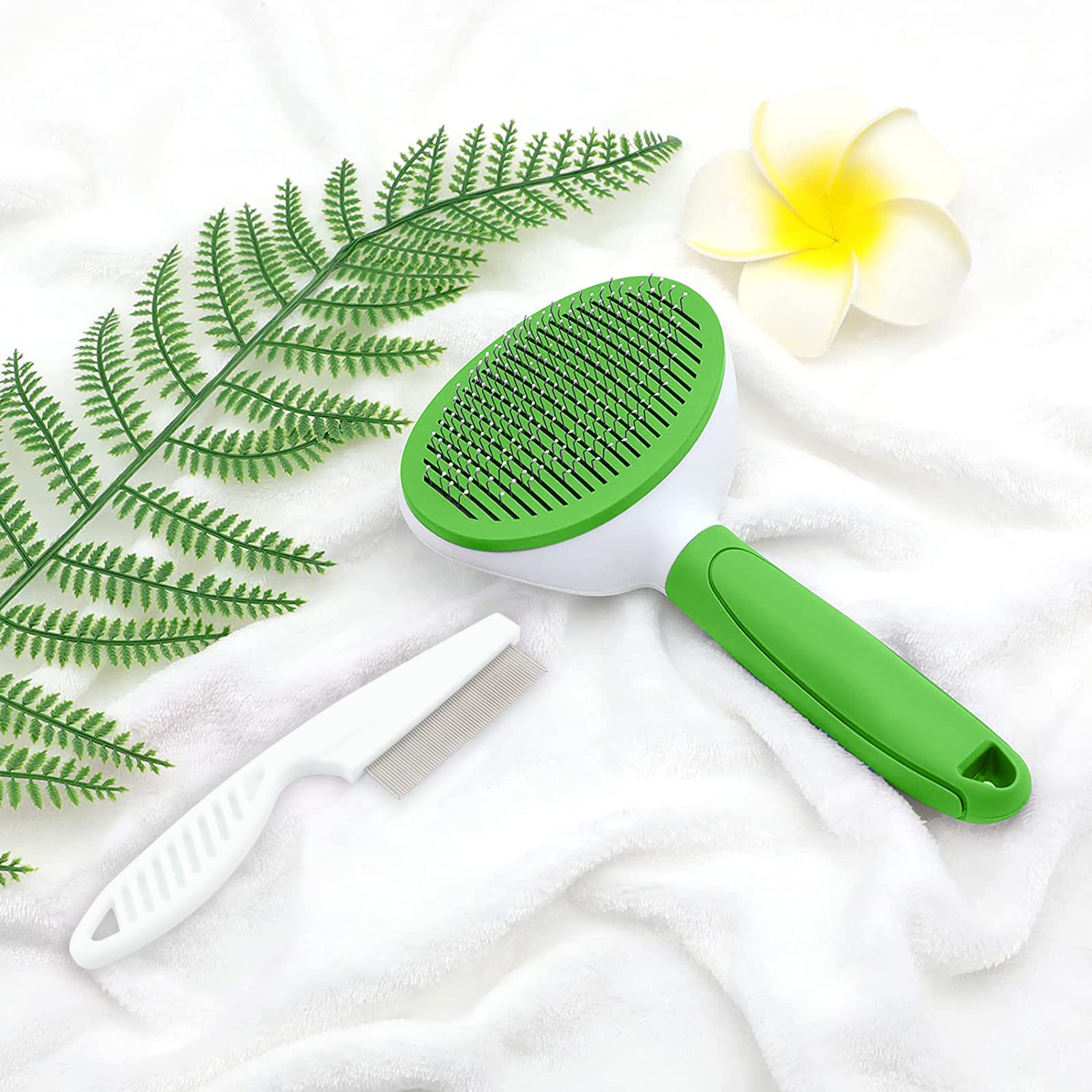 Cat Brush For Shedding And Grooming, Pet Self Cleaning Slicker Brush With Cat Hair Comb(Green)