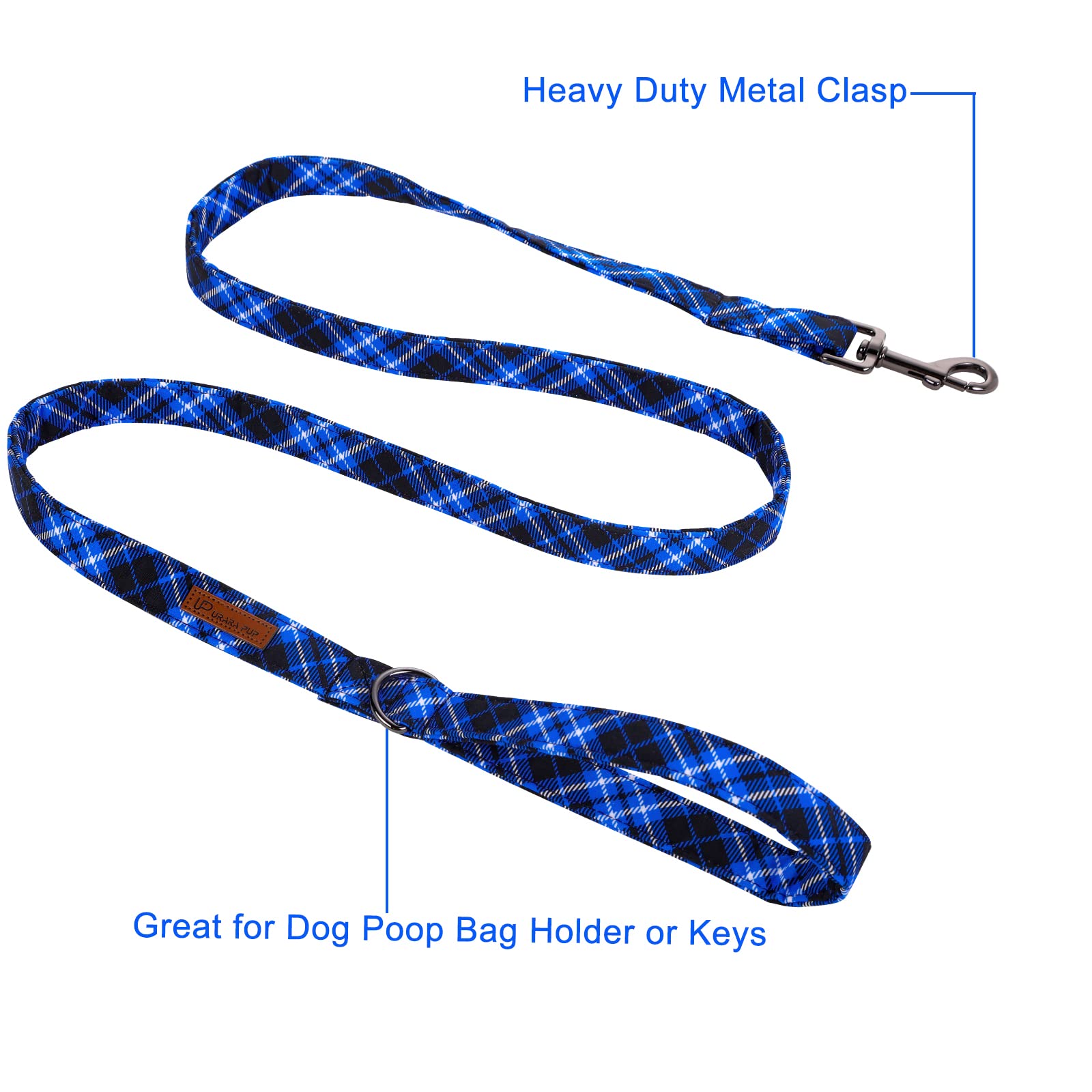 Up Urara Pup Dog Leash & Collar Set, Sturdy Durable Cotton, Blue Plaid, Christmas Pattern For Small To Large Dogs