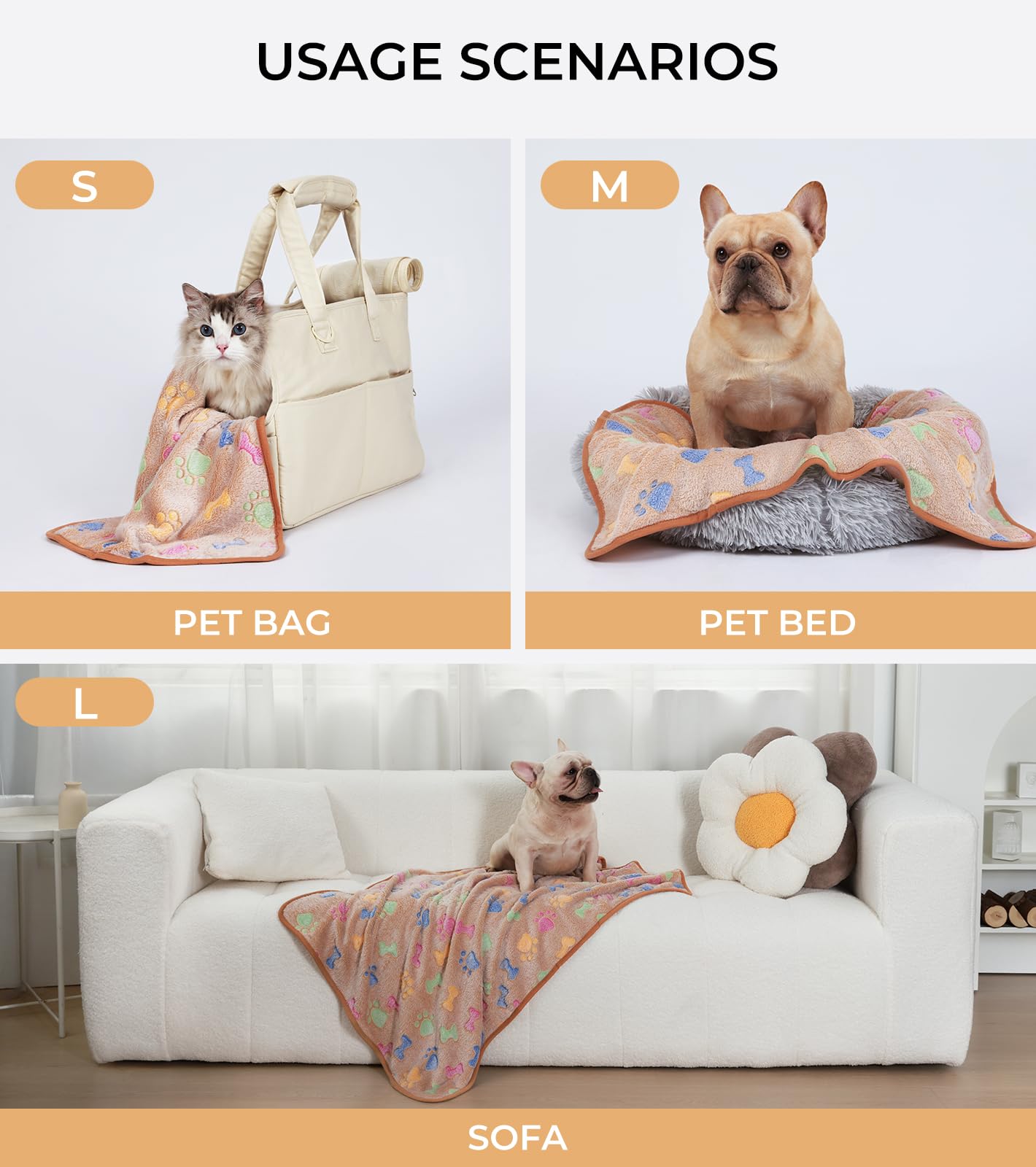 1 Pack 3 Blankets Super Soft Fluffy Cute Bone Pattern Pet Blanket Flannel Throw For Dog Puppy Cat Pink/Brown/Purple Large