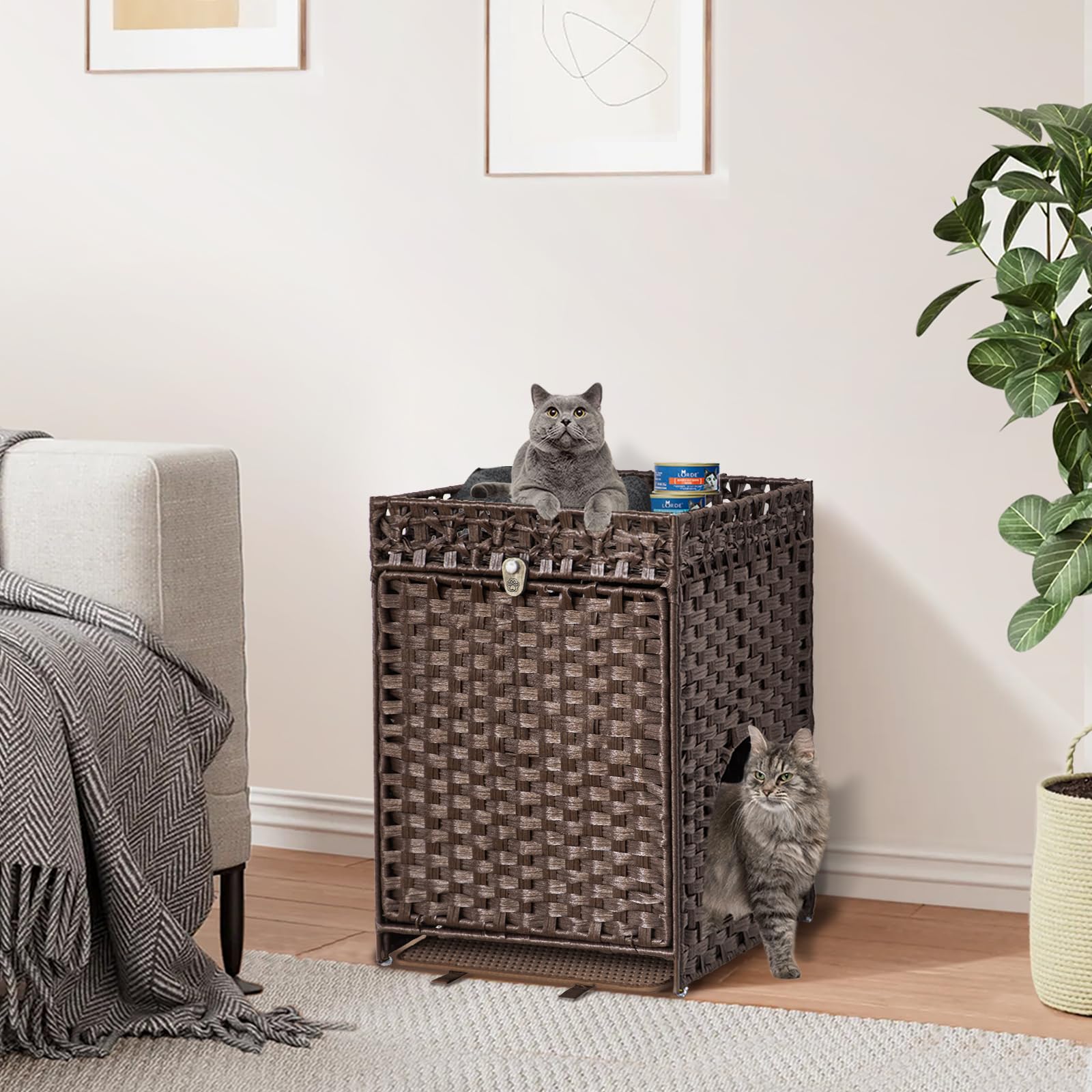 KOUSEI Handwoven Rattan Cat Litter Box Enclosure Furniture - Hidden Indoor Pet House with Door & Mat, Discreet Washroom Cabinet