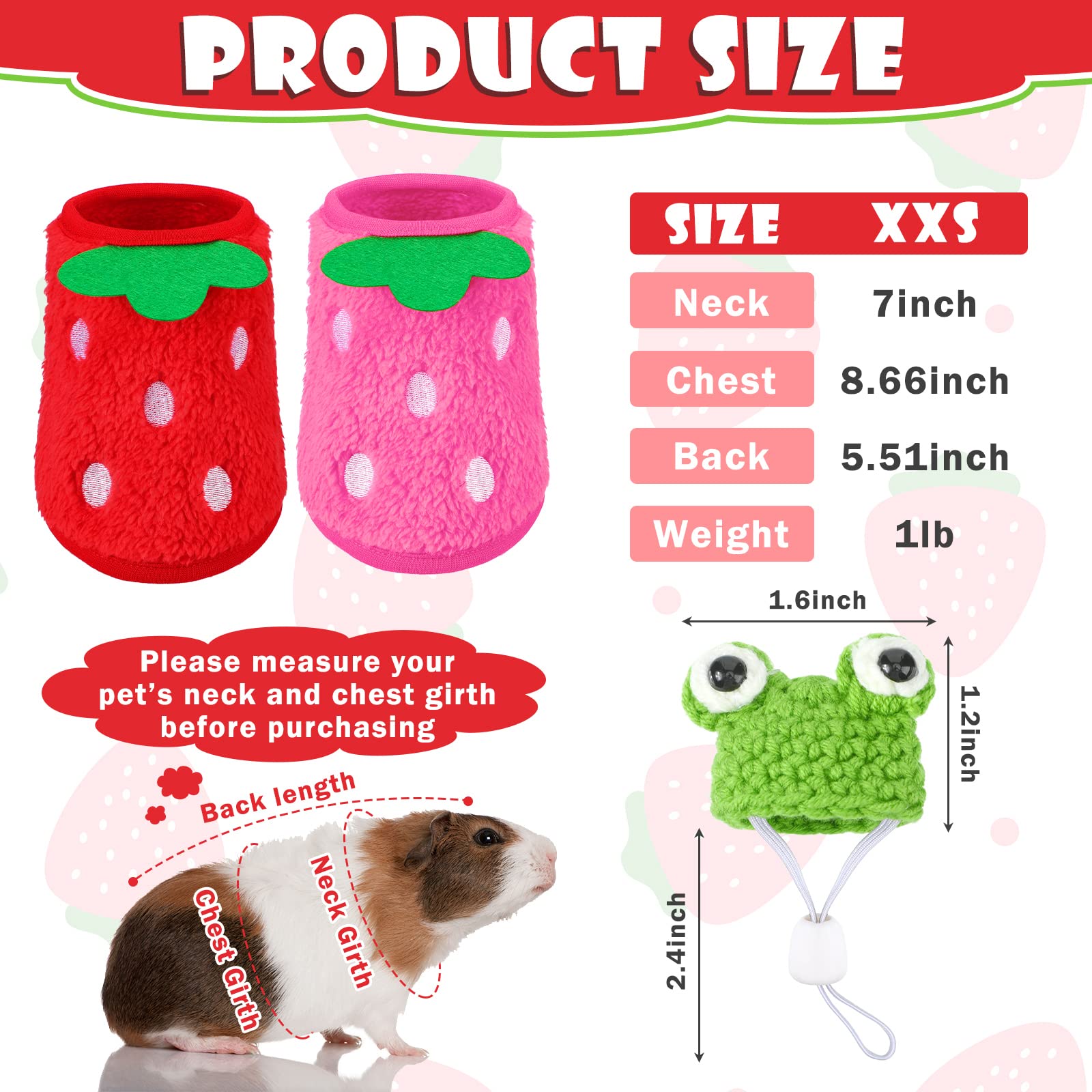 Mixweer 4 Pieces Guinea Pig Stuff Includes 2 Guinea Pig Clothes And 2 Cute Mini Hats With Adjustable Strap Small Animal Warm Vest Cozy Hand Knitted Hat For Hamster Bunny(Frog Style)