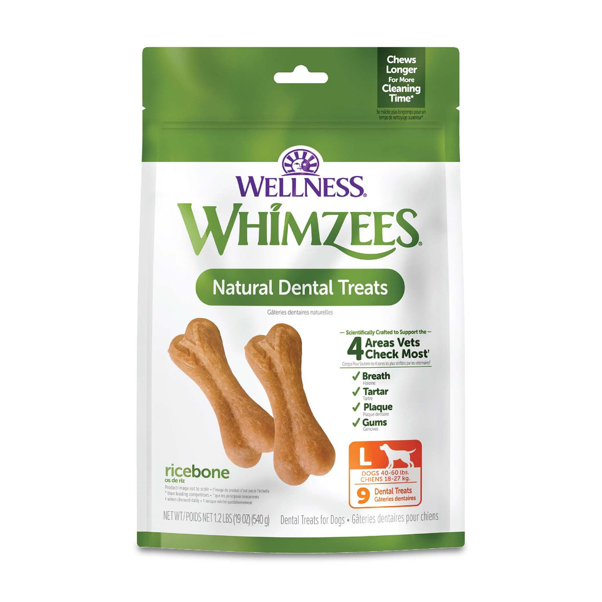 Wellness Whimzees Ricebone Dog Dental Treats, Natural Chews, Large Size, (9 Count)