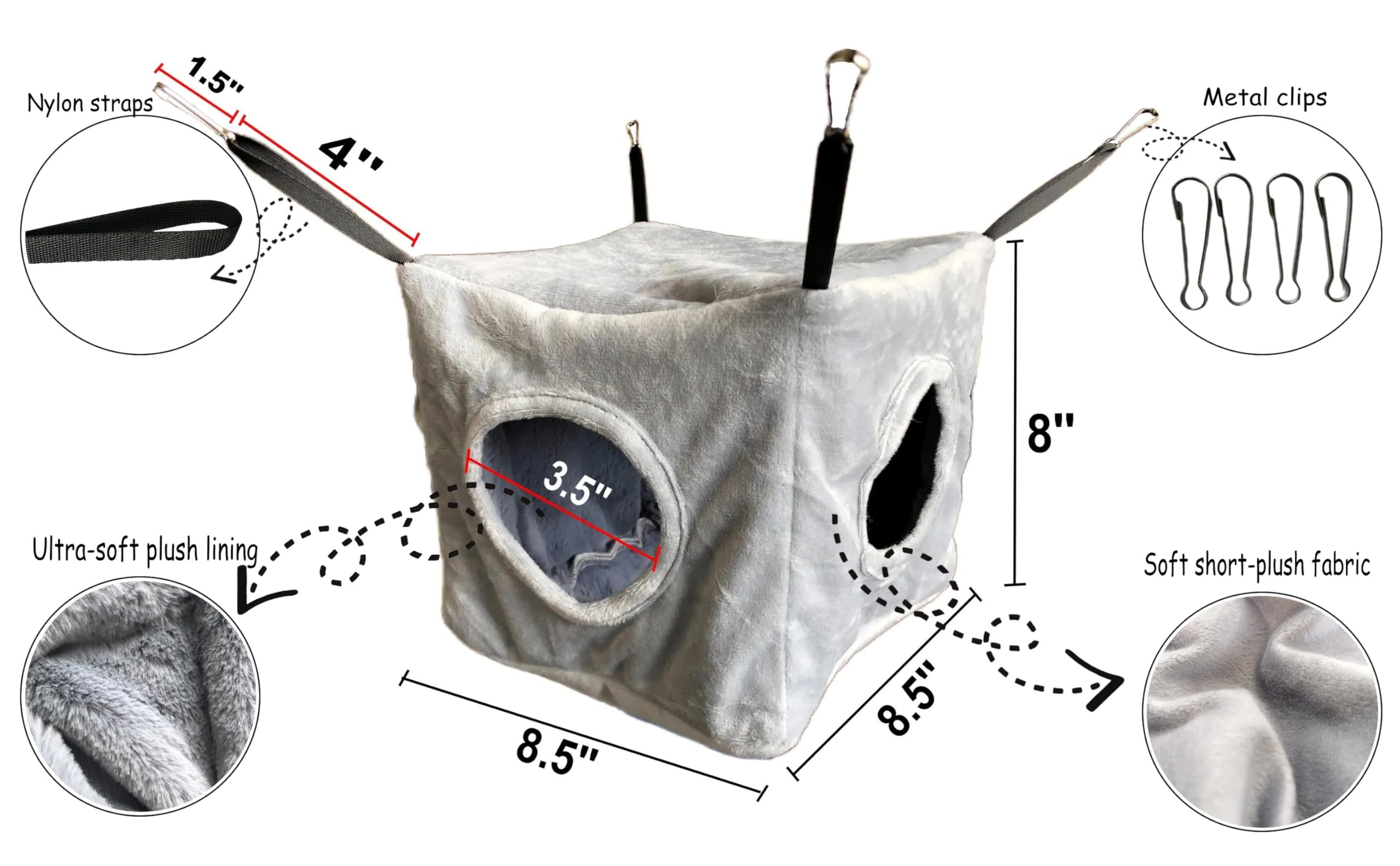 Vedem Small Animals Cube Hammock For Ferret, Rat, Chinchilla, Squirrel, Guinea Pig Cage Hanging Warm Hideout Bed (Grey)
