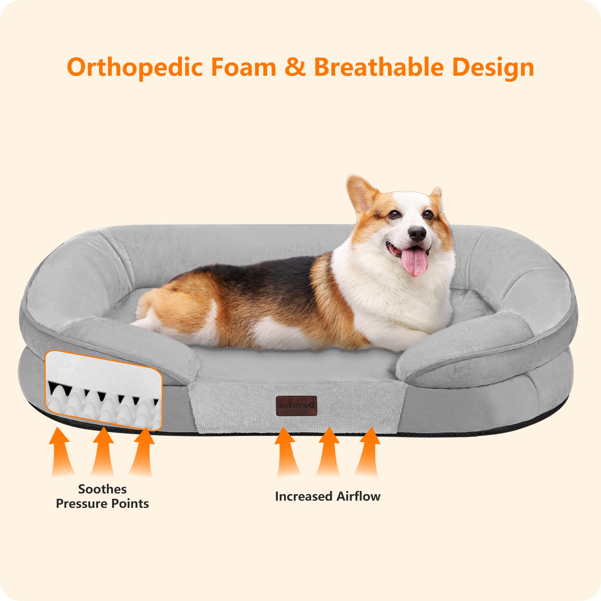 Dwanton Orthopedic Dog Bed - Waterproof Medium Pet Sofa, Egg Foam Support, Washable, Light Gray, 35"x25.5"x6" with Non-Slip Bottom