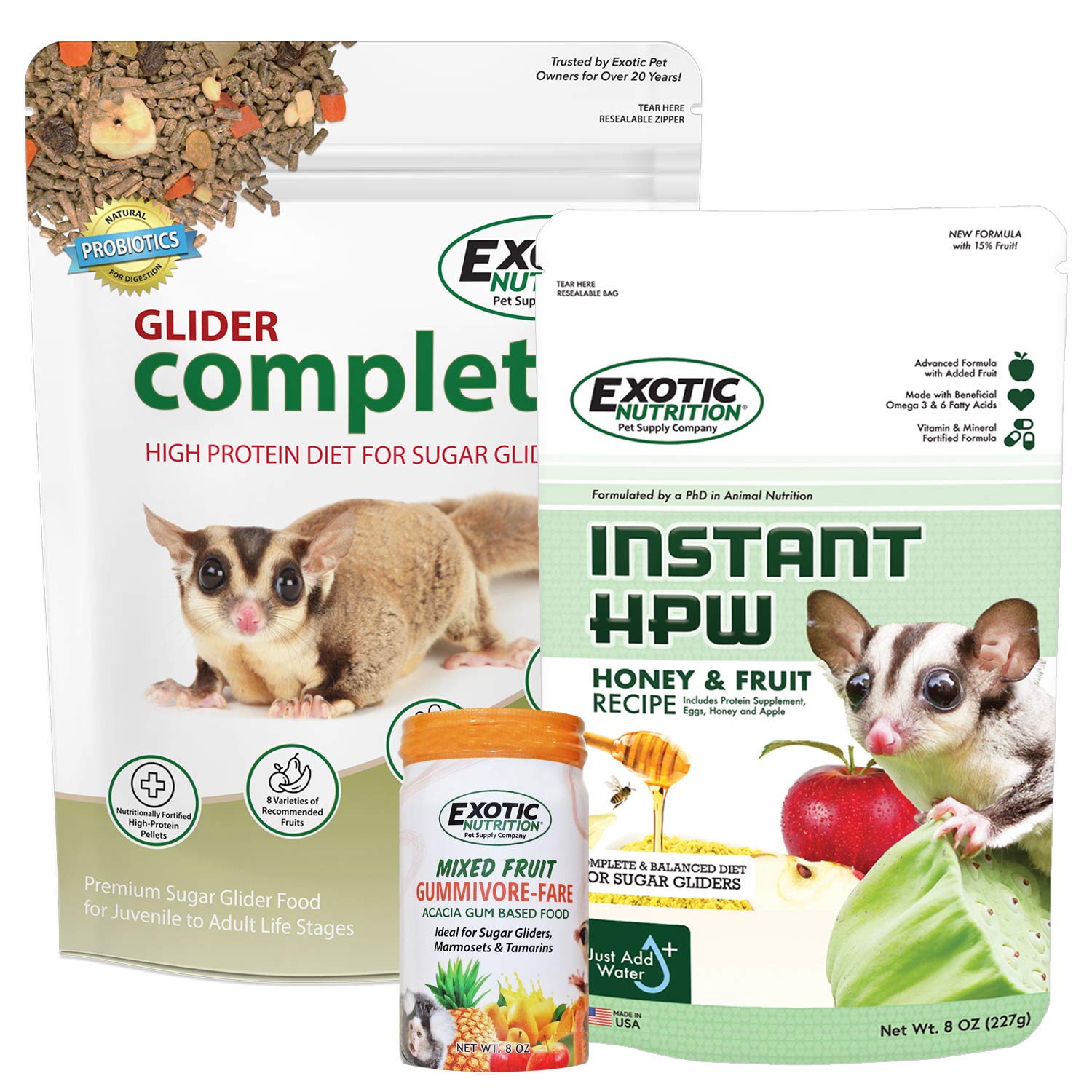 Sugar Glider Complete Deluxe Food Starter Package - Nutritionally Complete Pellet Diet & High Protein Supplemental Food for Suga