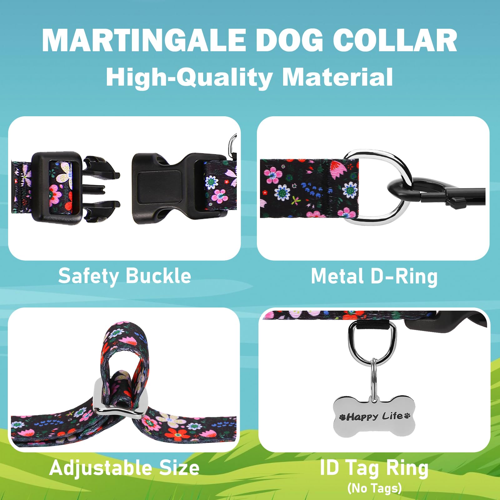 Fidohug Martingale Dog Collar With Buckle Adjustable Nylon Limited Slip No Pull Training Floral Dog Collars (Black Pink Red, Med
