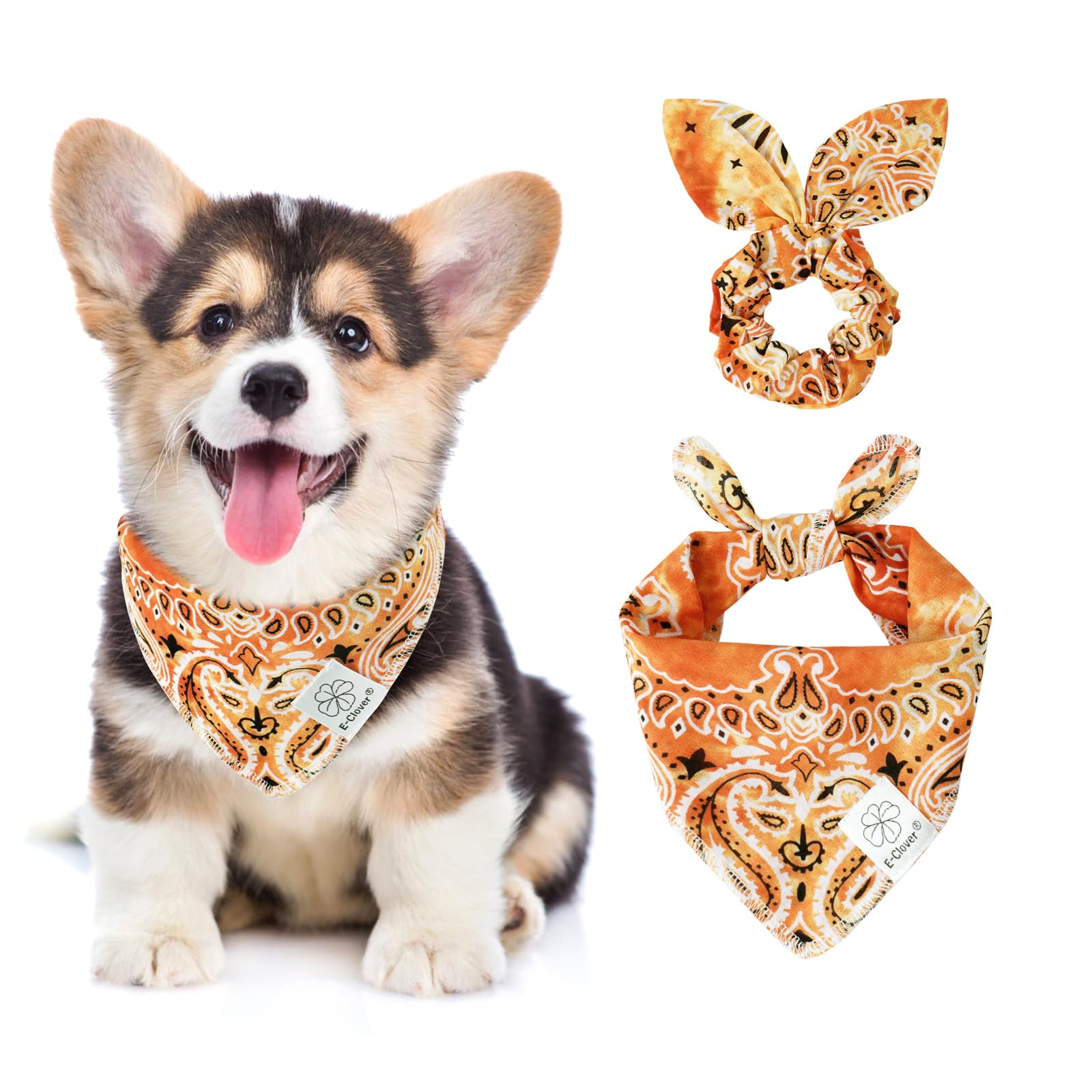E-Clover Fall Dog Bandana & Matching Scrunchie-Tie Dye Dog Bandanas Boy Pet Scarf Bib For Small Dogs Puppy Owner Mom Gift Orange