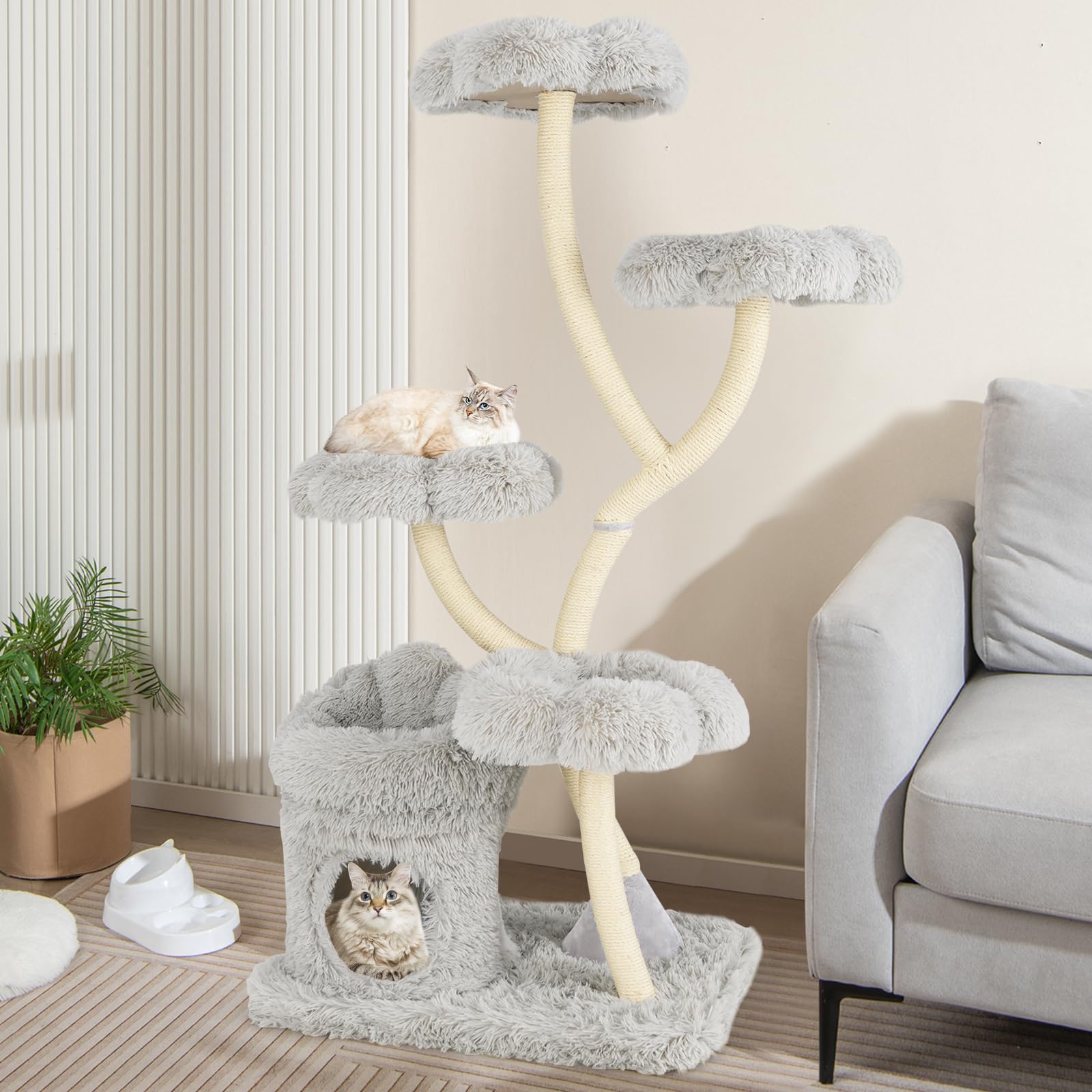 Tangkula Cat Tree Tower, 65 Inch Tall Cat Tower with Sisal Scratching Posts, Flower-Shaped Platforms, Padded Cat Condo, Modern C
