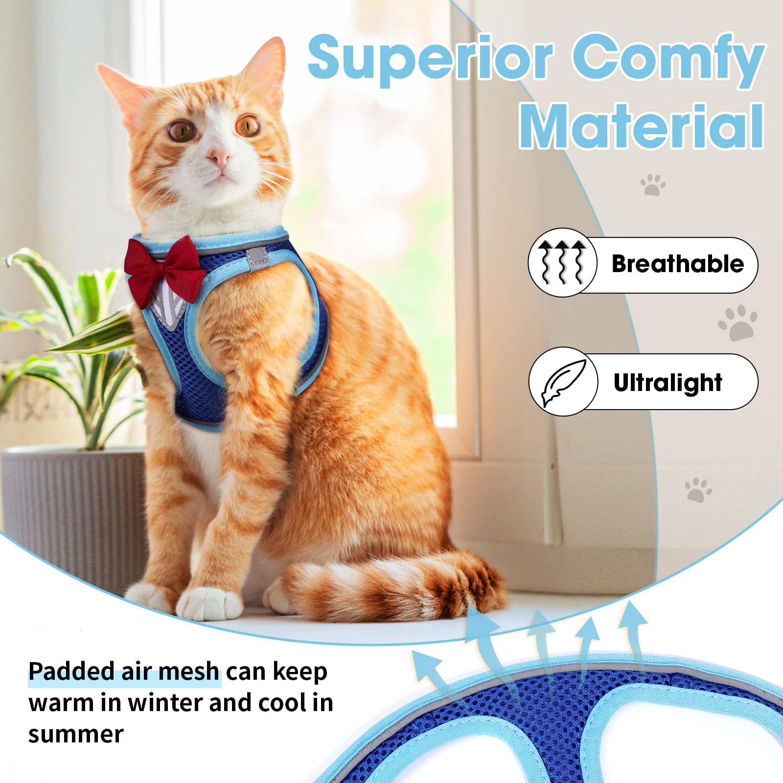 NCMAMA Cat Vest Harness and Leash Set for Walking Escape Proof, Adjustable Kitten Harness Breathable Mesh with Reflective Strips