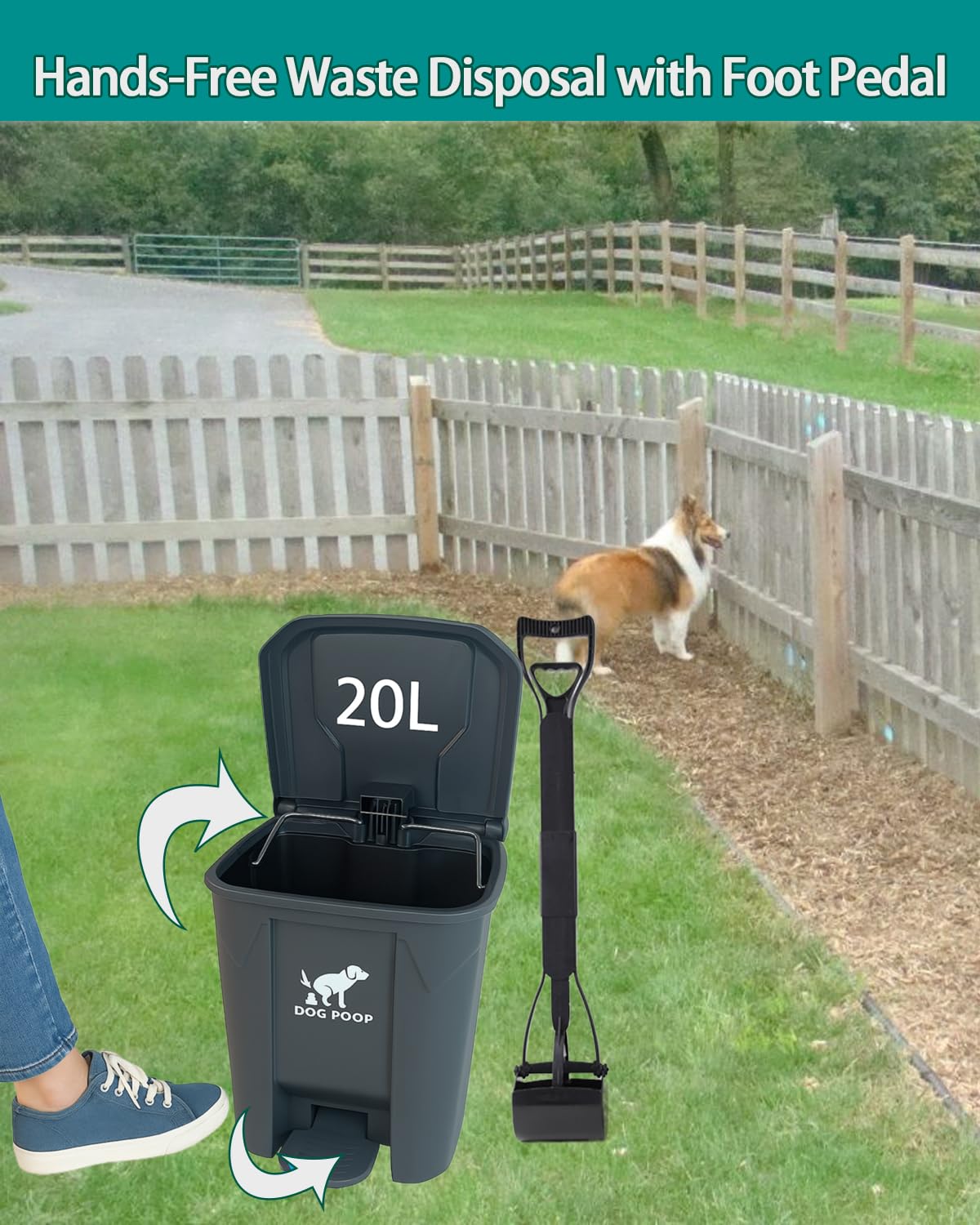 AkoSlale 20L Dog Poop Trash Can with Foot Pedal, 100 Waste Bags & Black Collapsible Pet Poop Scoop - Complete Pet Waste Disposal