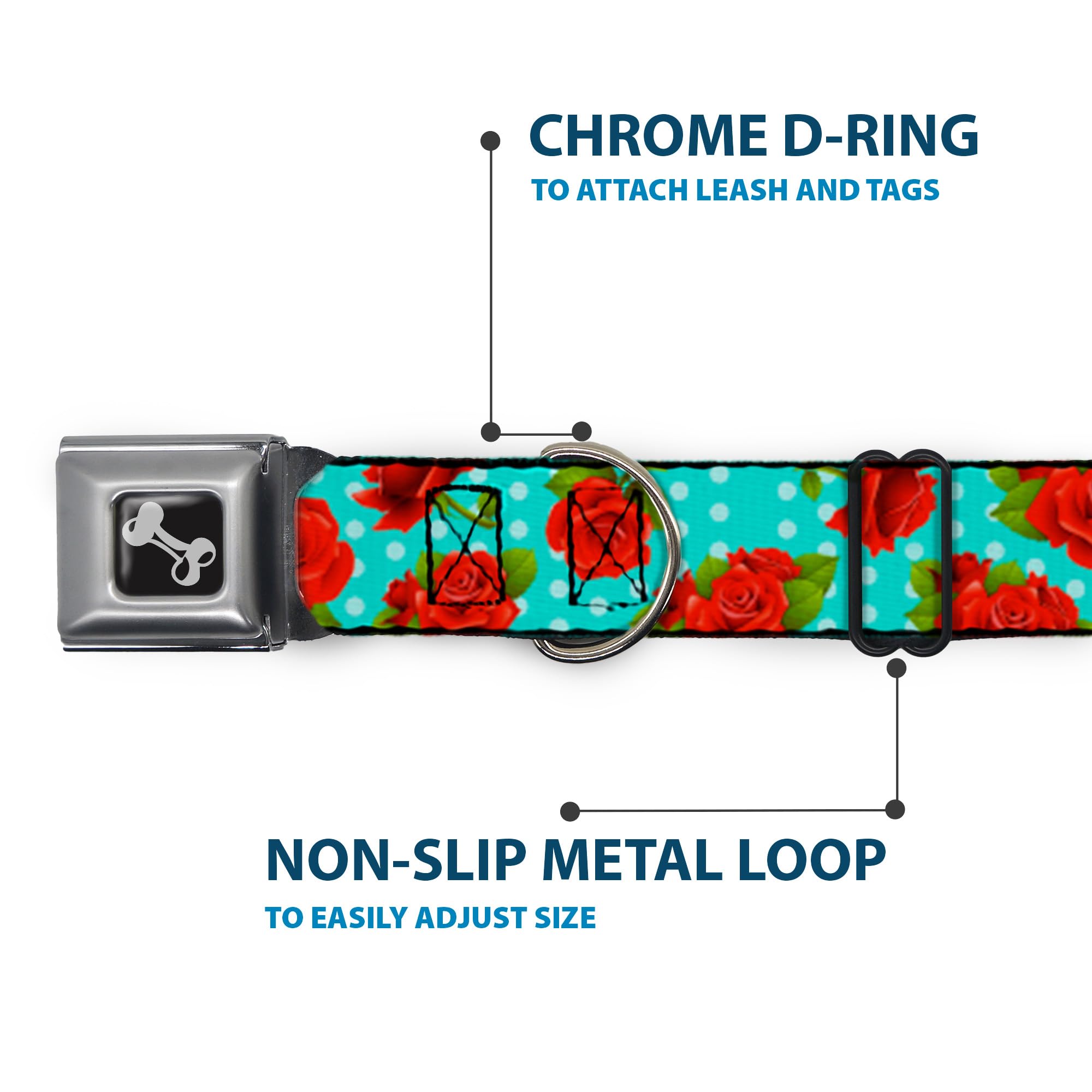 Dog Collar Seatbelt Buckle Red Roses Polka Dots Turquoise 15 To 26 Inches 1.0 Inch Wide