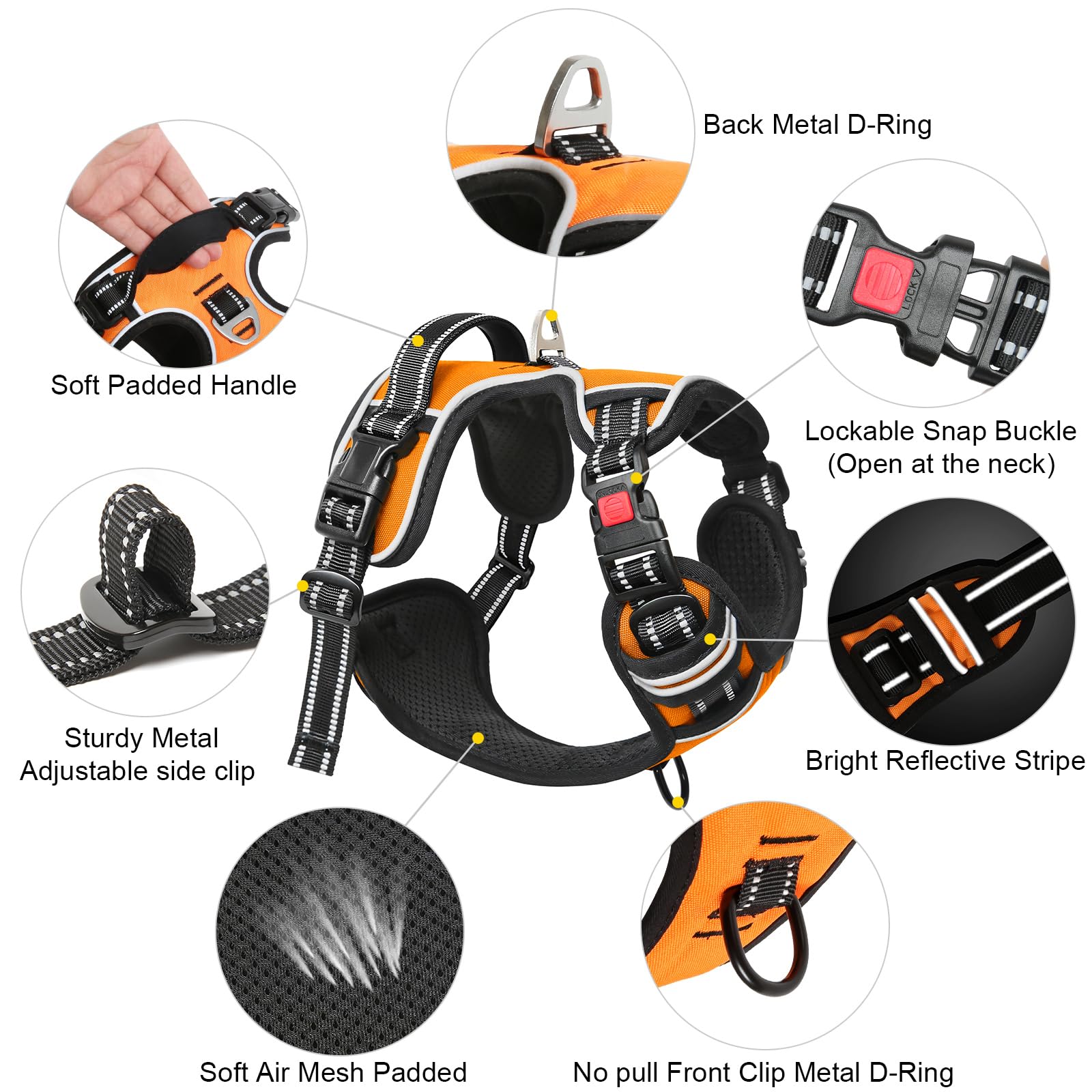 Timos Dog Harness Medium Sized, No Pull With Neck Lockable Snap,No Choke Front Clip Dog Reflective Harness,Adjustable Metal Ring
