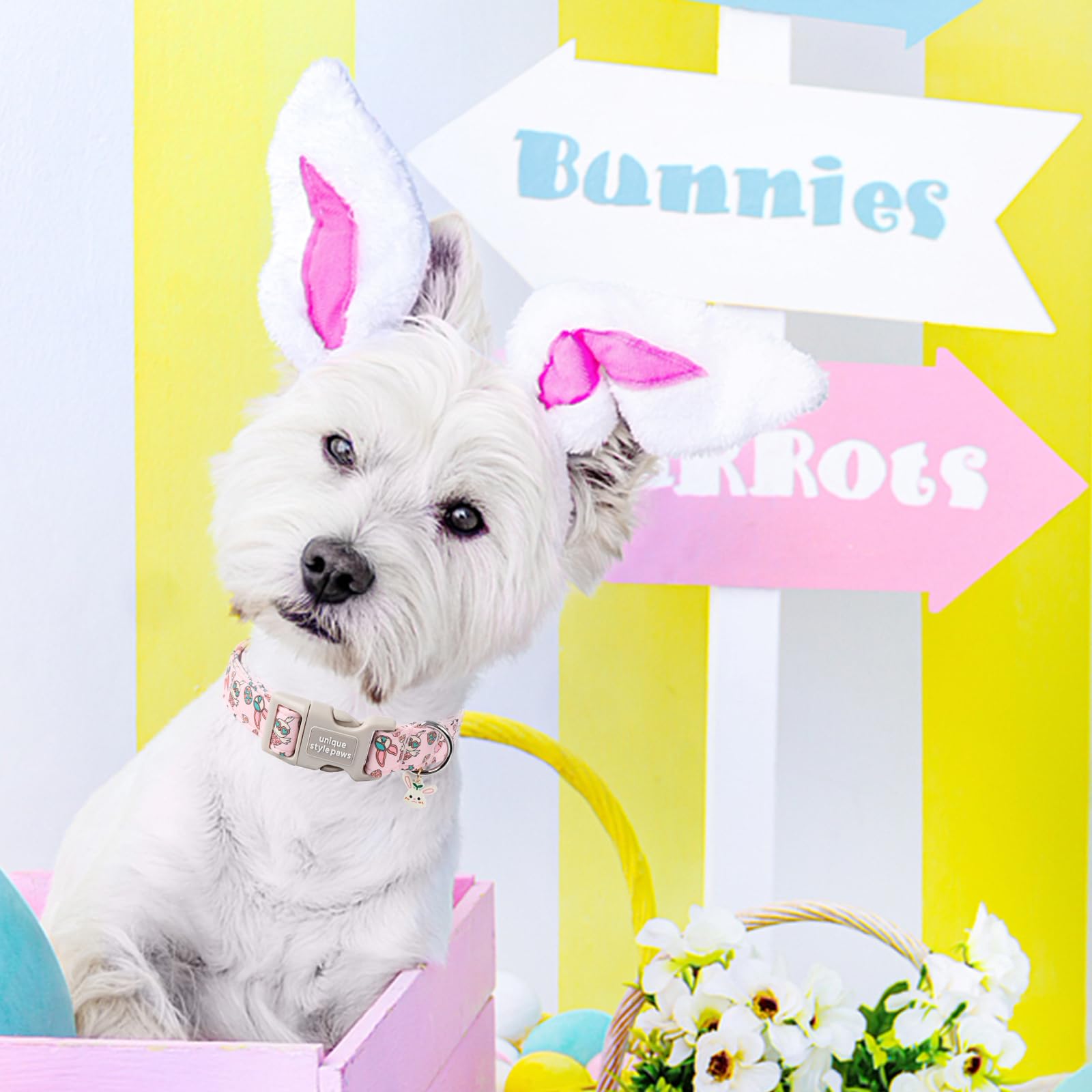 Unique Style Paws Easter Dog Collar,Pink Bunny Egg Dog Collar Cotton Easter Puppy Collar Colorful Egg Rabbit Dog Collar Adjustab