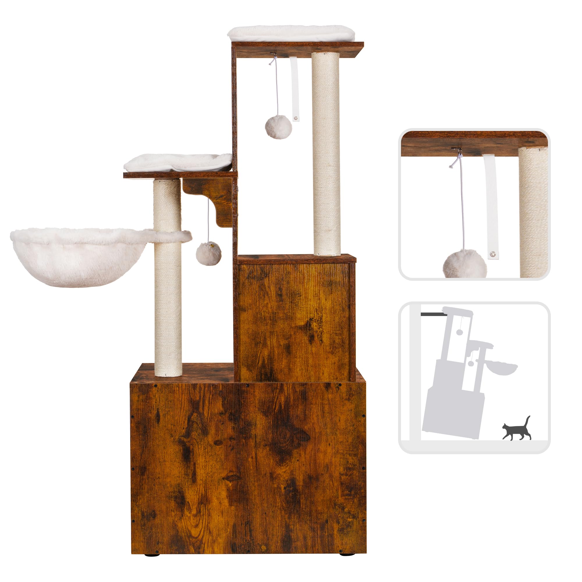 Heybly Cat Tree, Wood Litter Box Enclosure with Food Station, All-in-one Indoor Cat Furniture with Large Platform and Condo, Mod