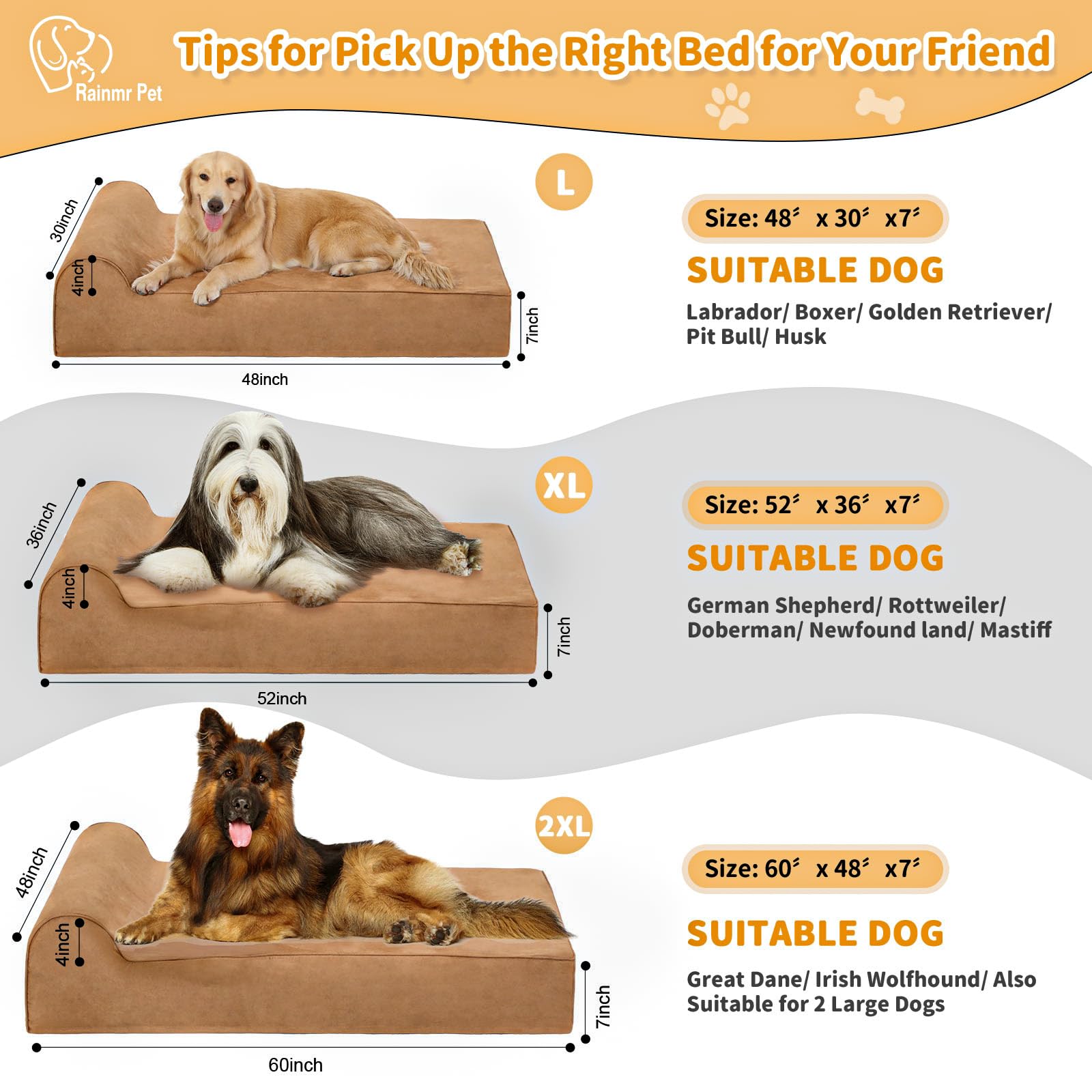Rainmr 7 Inch Orthopedic Dog Bed For Large Dogs - Microsuede Cover/Waterproof Inner Case - With 4 Inch Headrest Memory Foam Dog