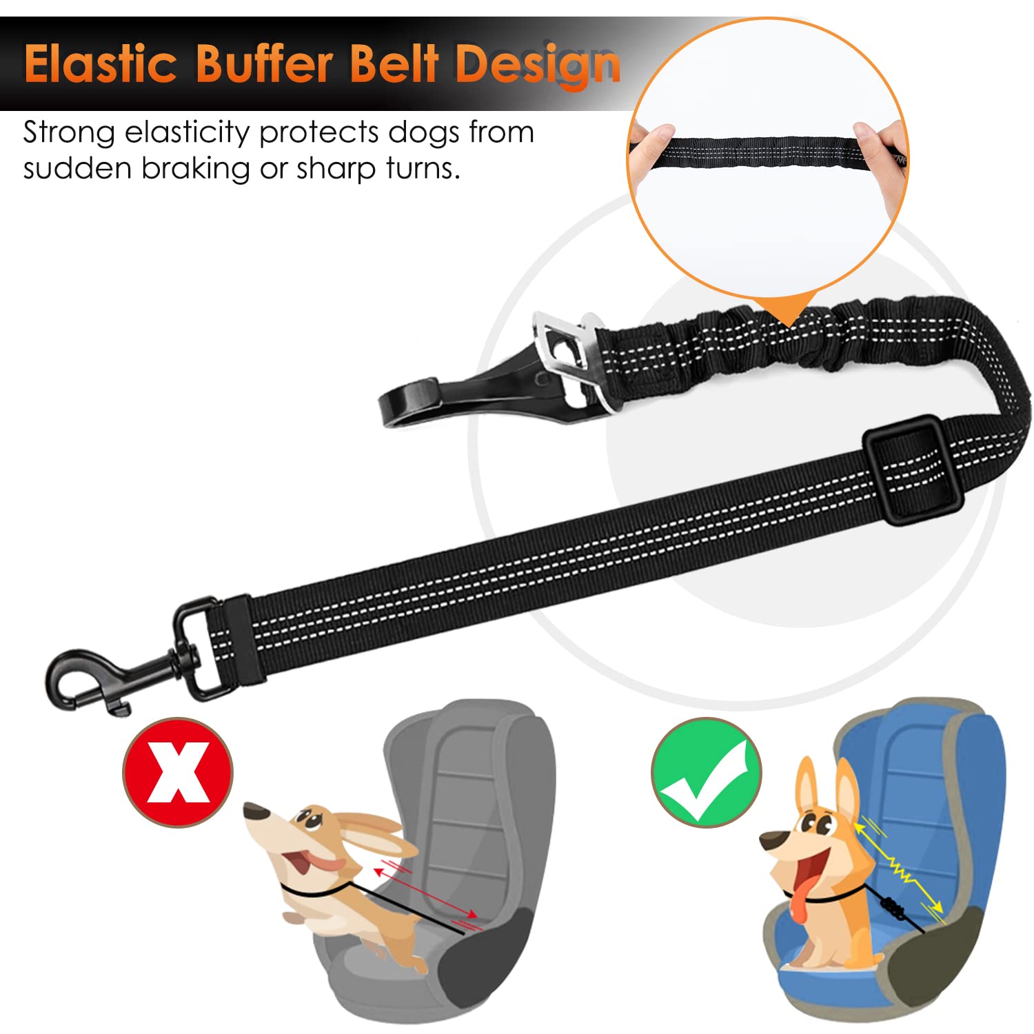Slowton Dog Seat Belt, Adjustable Dog Safety Belt Leash, 2 In 1 Latch Bar Attachment Dog Car Seatbelt With Elastic Nylon Bungee Buffer, Reflective Nylon Belt Tether Connect To Dog Harness(Bl,35.5In)