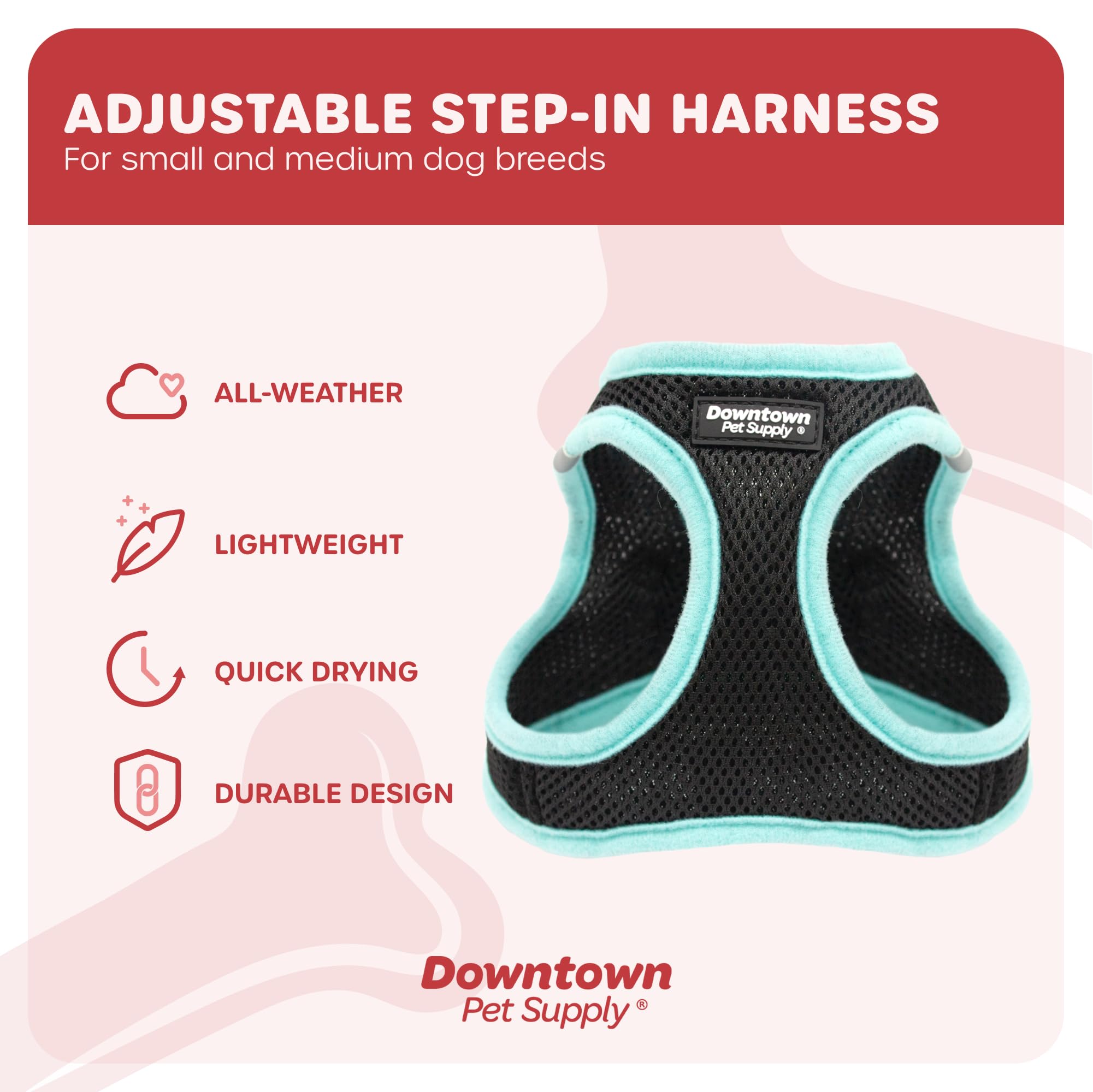 Downtown Pet Supply Step in Dog Harness for Small Dogs No Pull, Small, Black w/Light Blue Trim - Adjustable Harness with Padded