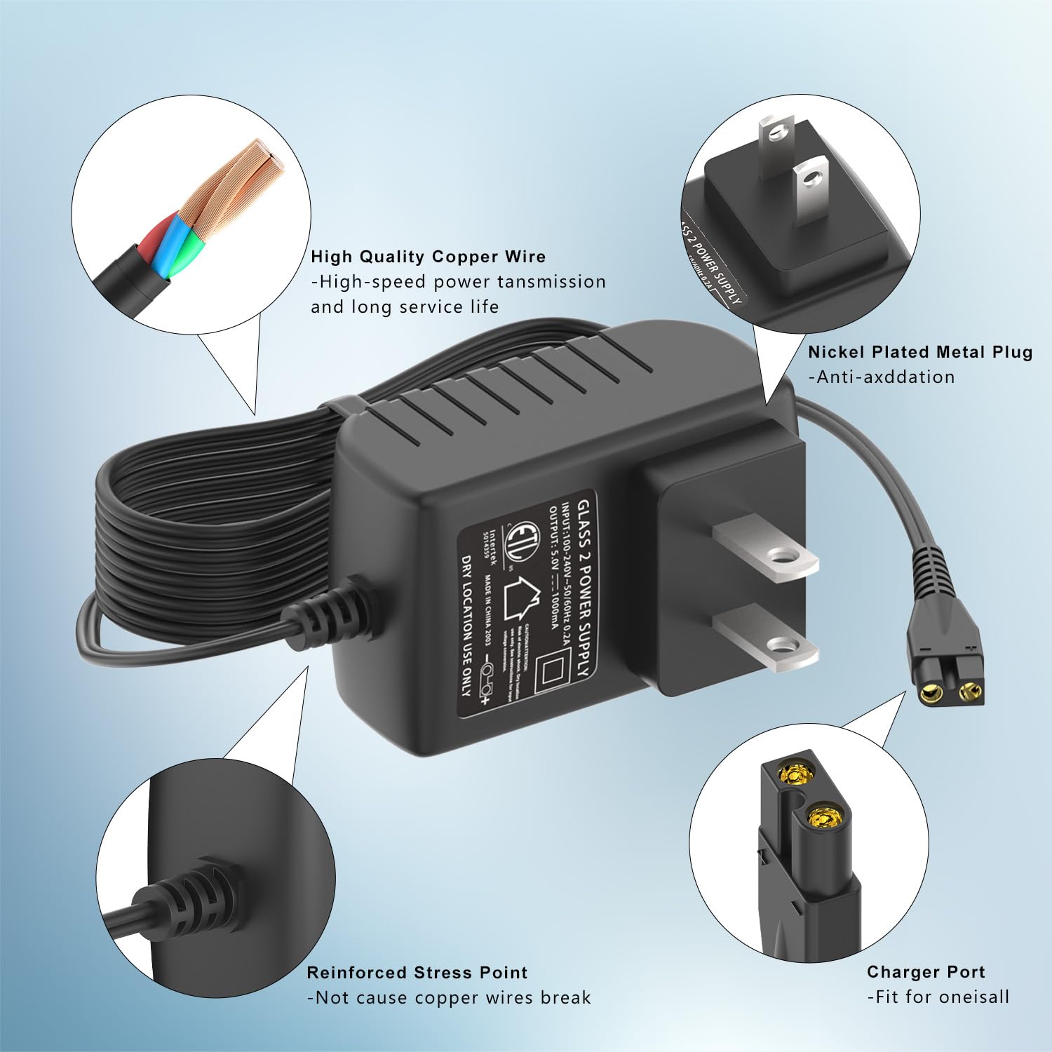 Pinkind Replacement Charger for oneisall Low Noise Dog Clippers - Compatible Charging Cable for SUPRENT Pet Hair Clippers