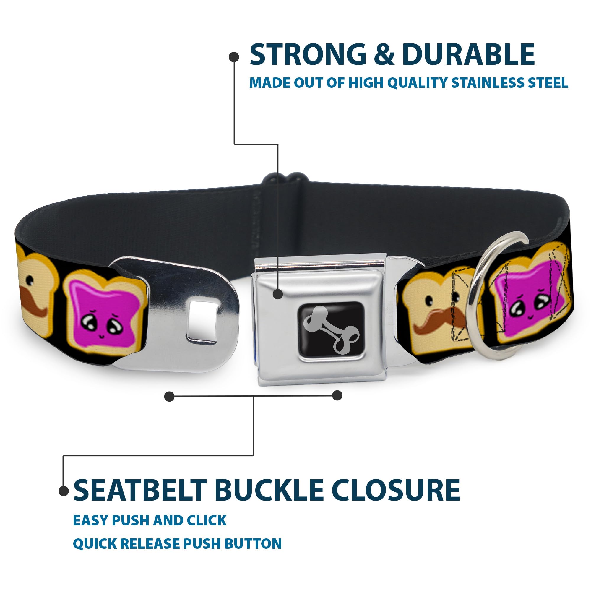 Buckle-Down Seatbelt Buckle Dog Collar - Peanut Butter W/Mustache & Jelly - 1 Wide - Fits 9-15 Neck - Small