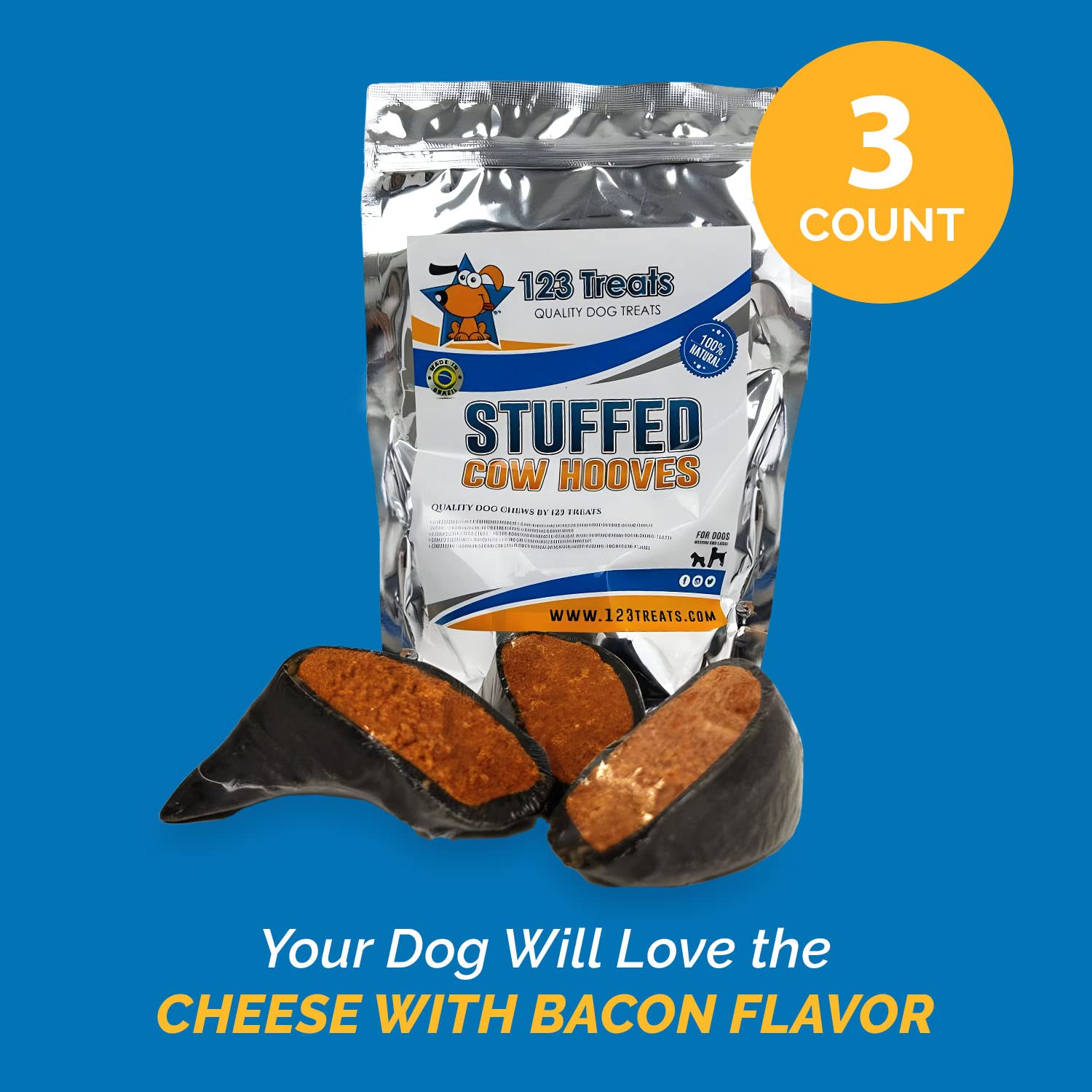 123 Treats Cow Hooves for Dogs, Cheese & Bacon Flavor, Natural Beef Chews, 3 Count Pack