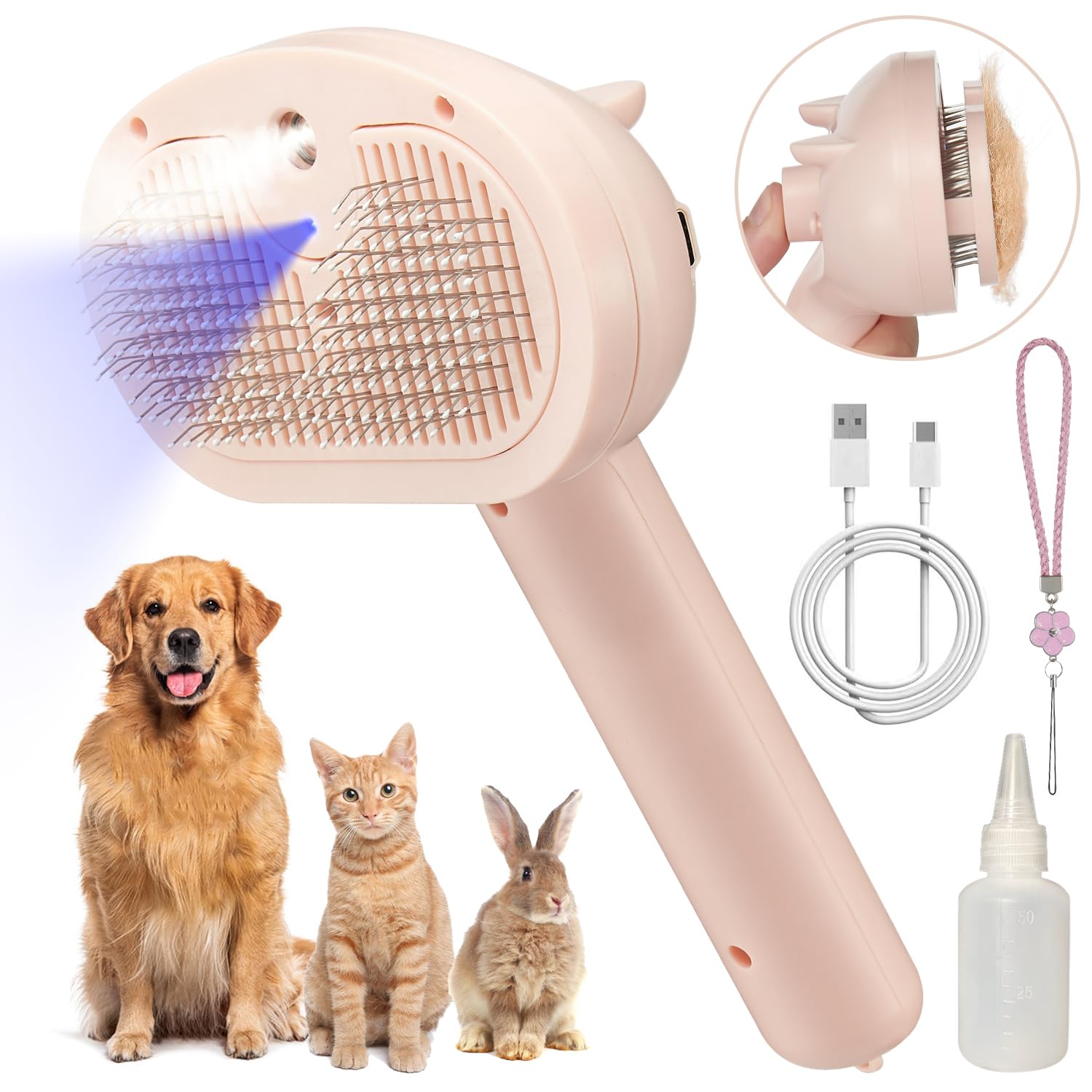 Pet Steam Hair Comb Brush For Shedding, 4 In 1 Spray Brush For Long & Short Haired Cat&Dog, Self-Cleaning Hair Remover With Wate
