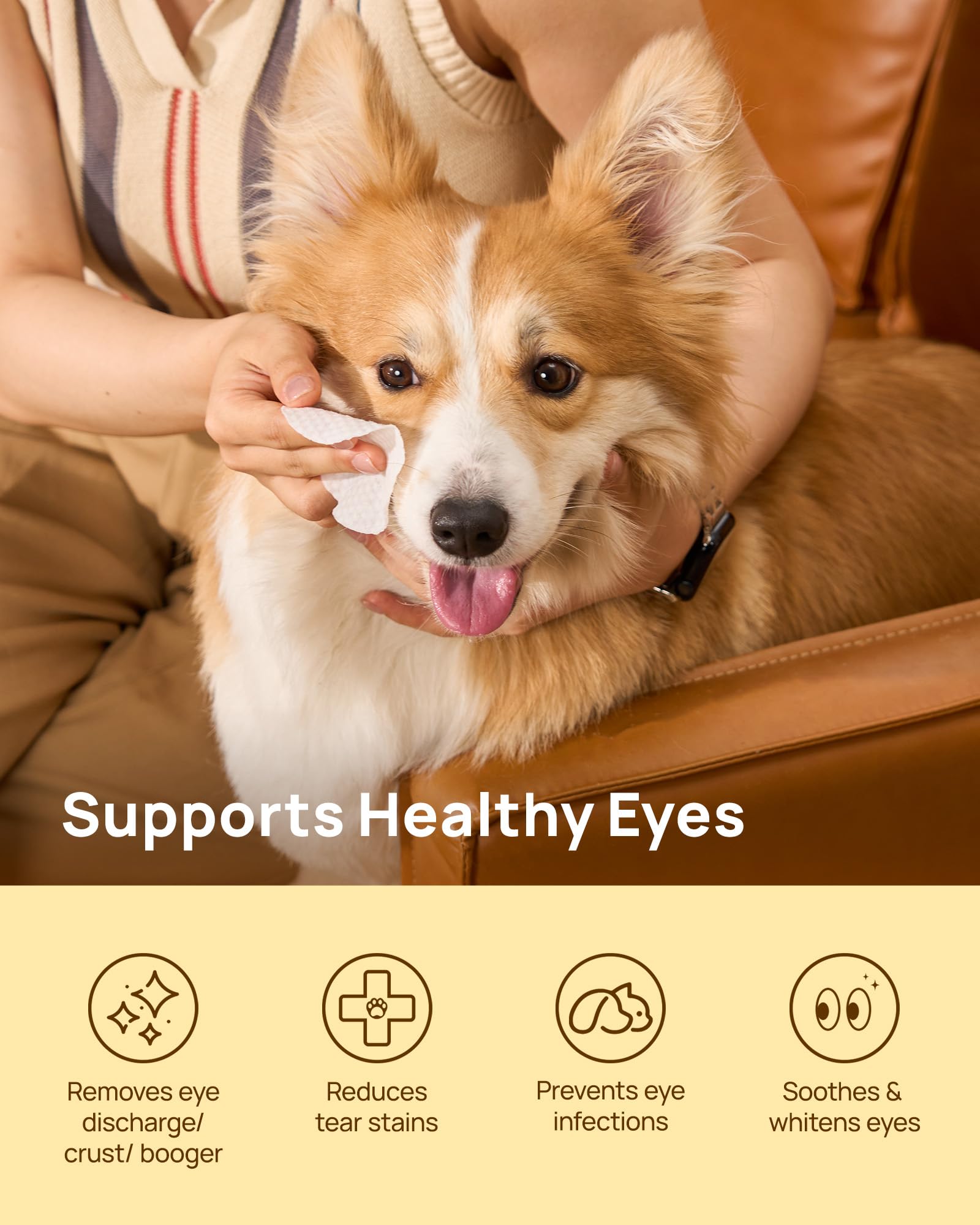 HICC PET Eyes Wipes for Dogs & Cats - Gently Remove Tear Stain, Debris, Discharge, Crust - Coconut Oil Pet Cleaning Grooming Deo