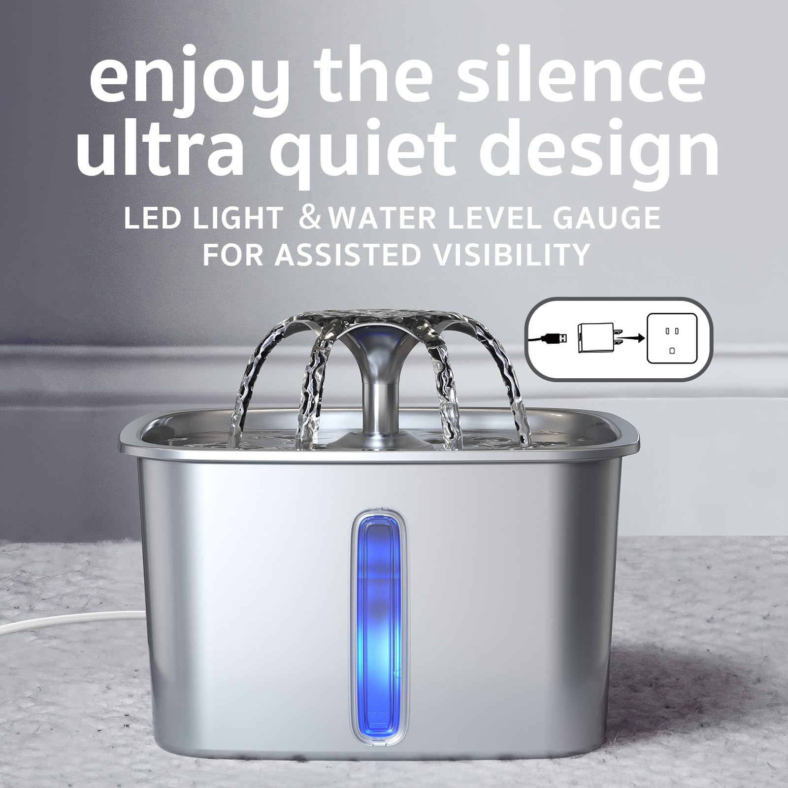 Veken Stainless Steel Cat Water Fountain 95oz with 6 Filters & Sponges - Silver Model PFC3V325