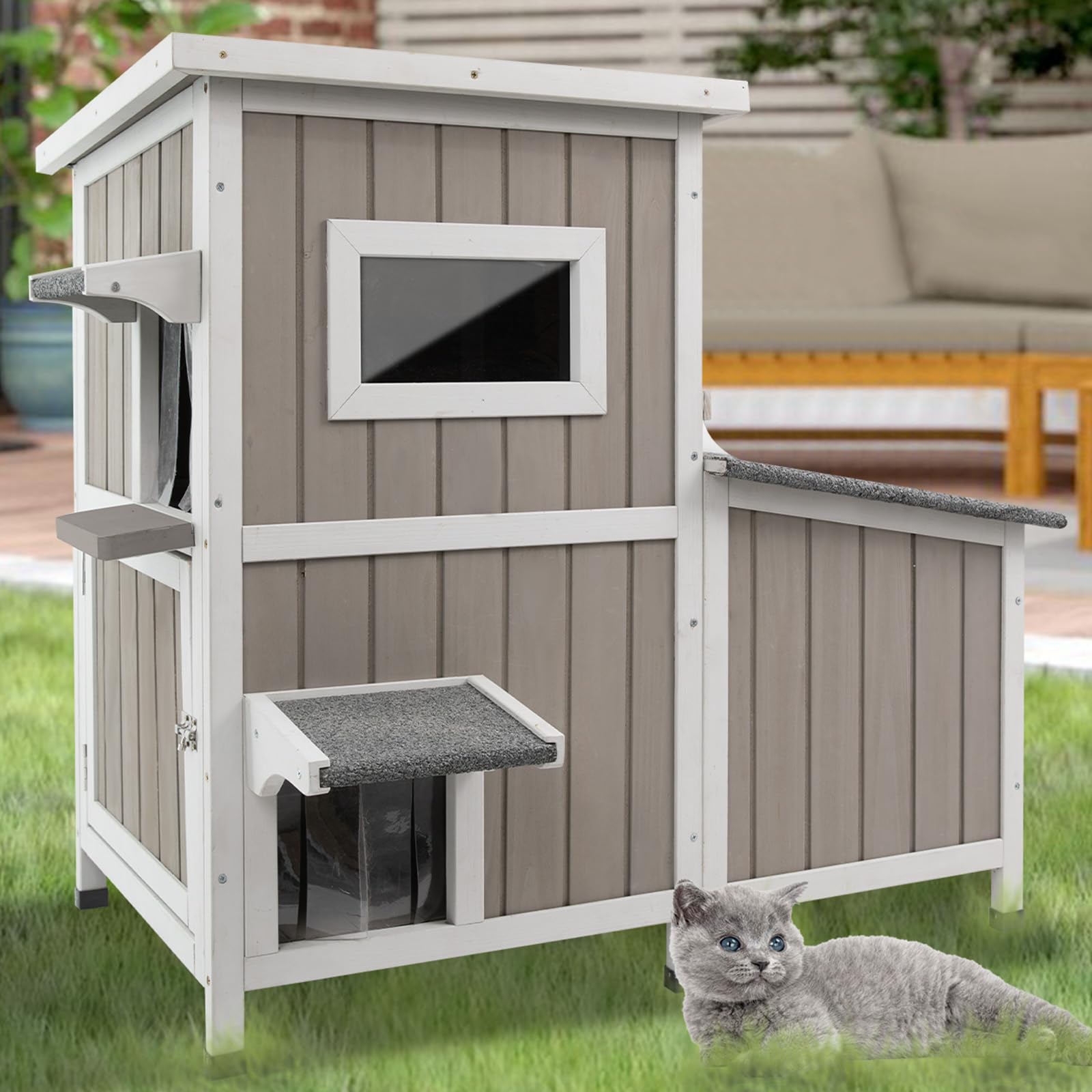 Ketive Feral Cat House Outdoor Cat Shelter Weatherproof Large Wooden 3-Rooms Stray Cat Shelter Indoor 2 Story Cat House For Fera