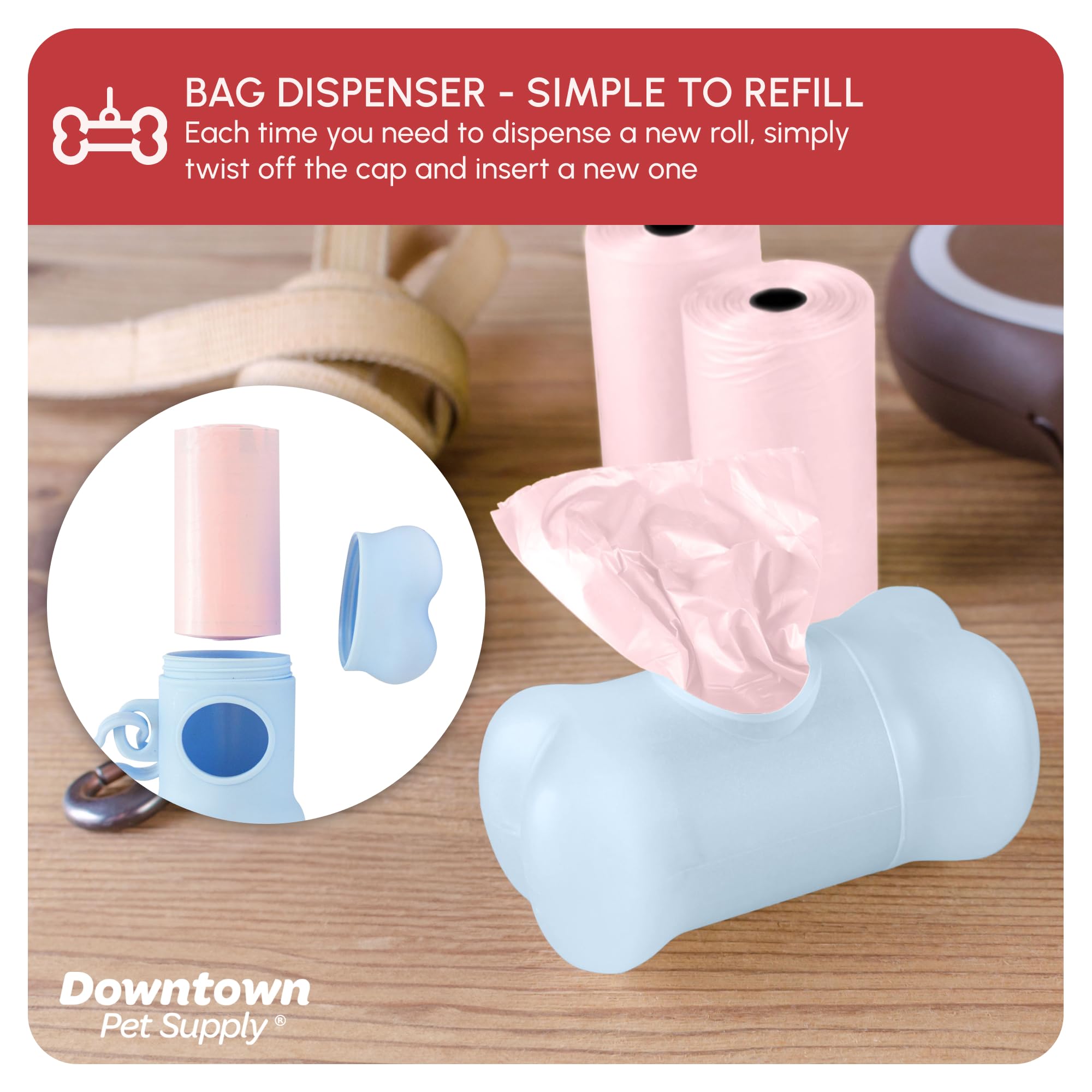 Downtown Pet Supply Unscented Poop Bags For Dogs With Dispenser, 1000 Count - Leak-Proof Dog Waste Bags And Bone-Shaped Dog Poop Bags Holder For Leash - Pastel Rainbow, 12.5' X 8.5'