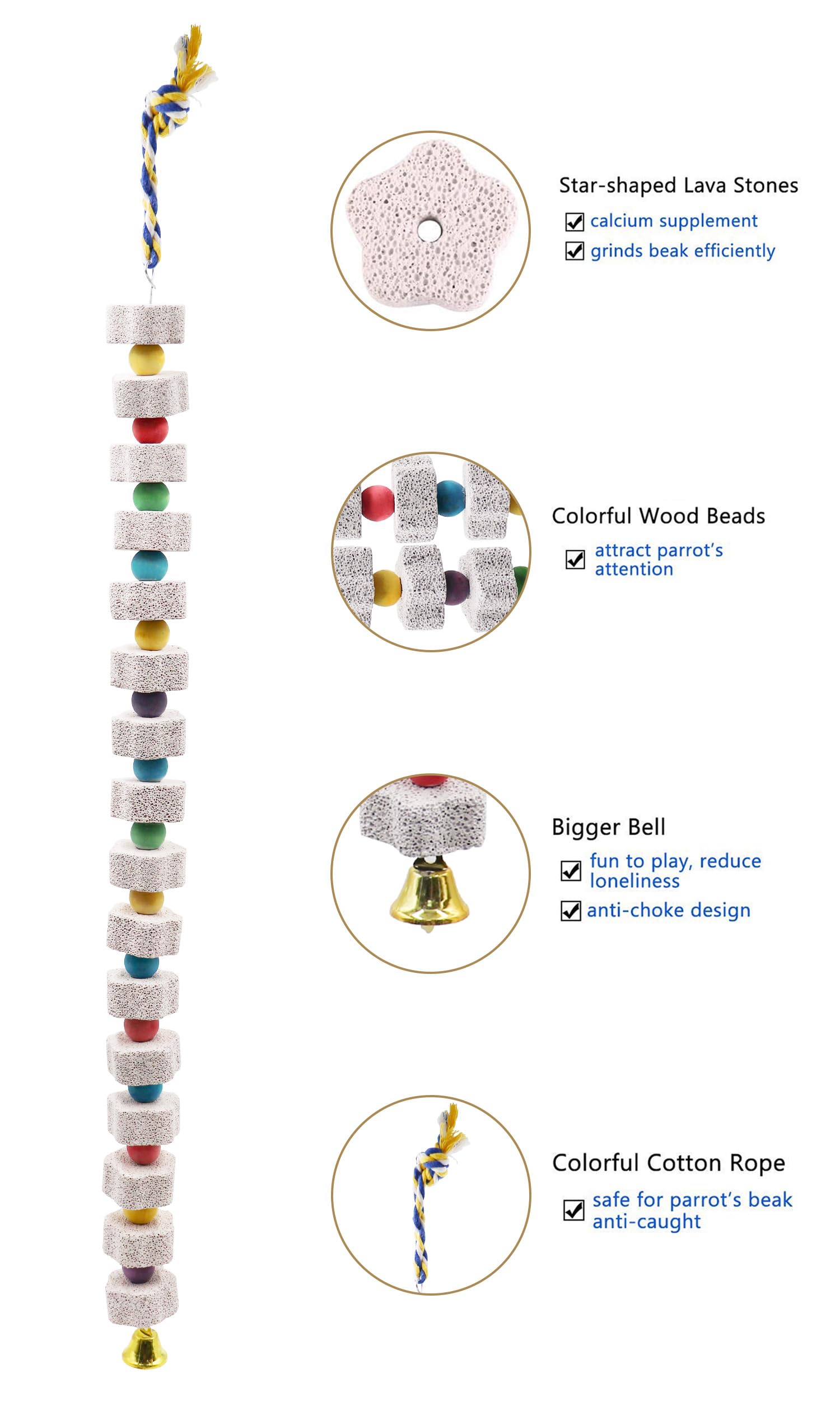 2 Pack 27 Inches Extra Long Bird Chewing Toy, Parrot Beak Grinding Calcium Stone With Bells, Bird Cage Accessories, Cage Toys Fo