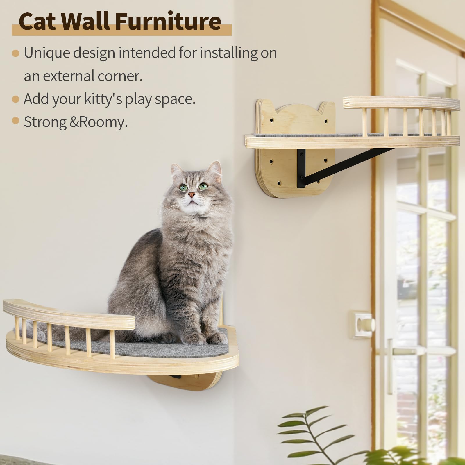 Cat Wall Shelves, Wood Cat Shelves And Perches With 3 Wall Steps Furniture Scratch Post, Burlywood Indoor Climbing Shelf For Liv