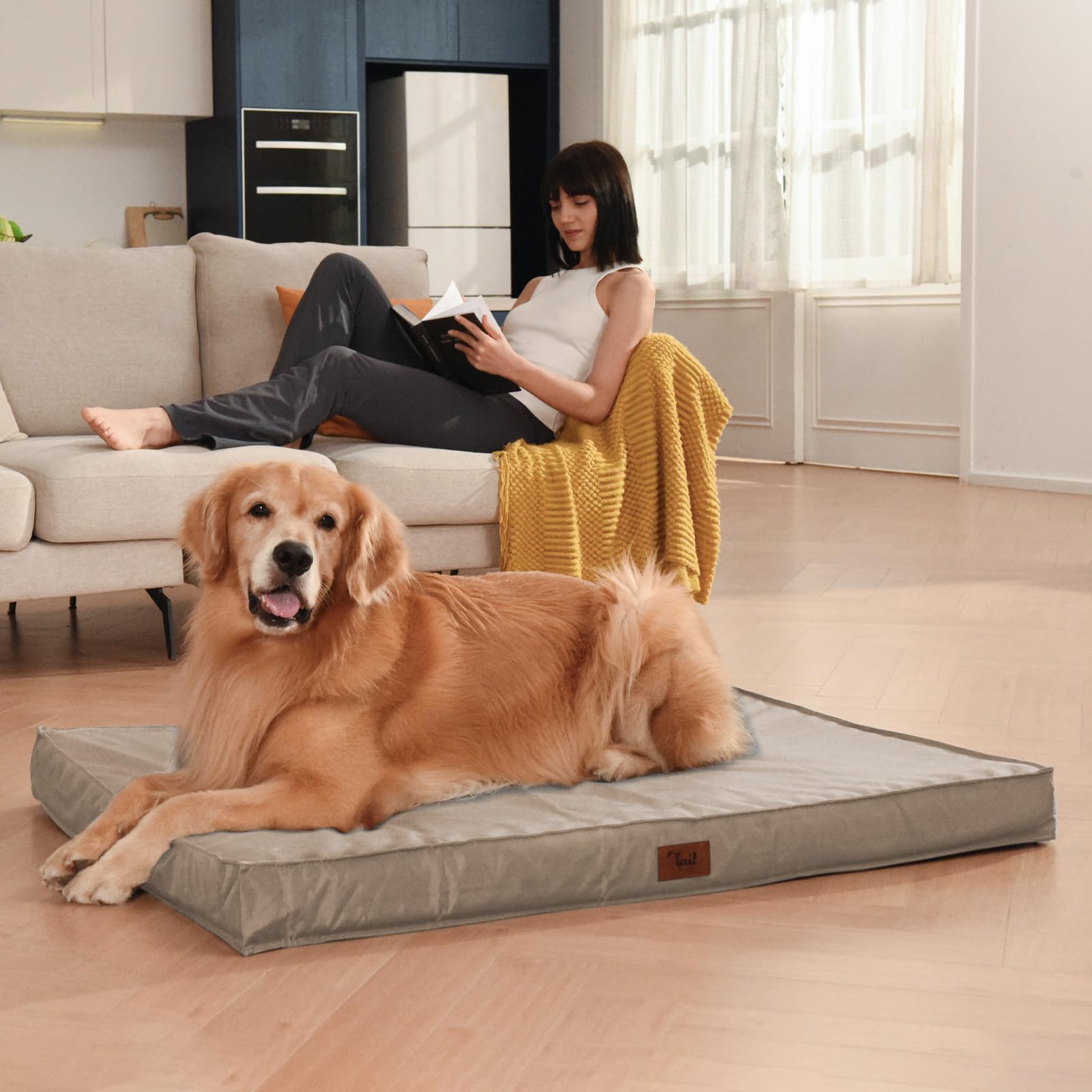 Tail Stories Dog Crate Bed - Waterproof Orthopedic Pet Bed, 47"x29"x3.5", Khaki, Removable Cover, Model TSUS240507KQXXLG
