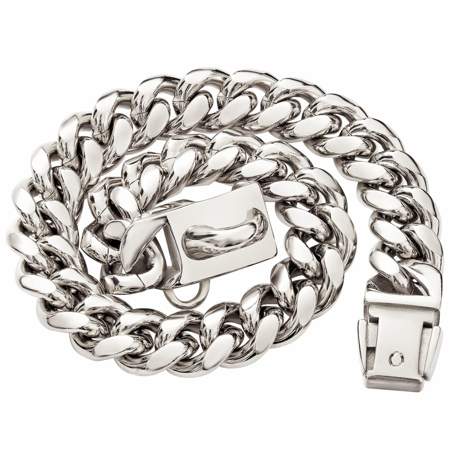 Stainless Steel Silver Cuban Link Curb Dog Collar, Heavy Duty Bulldog Jewelry Dog Necklace