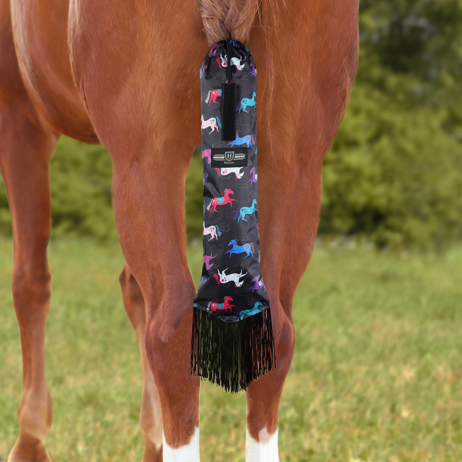 Harrison Howard Smooth Lightweight Adjustable Fastener Nylon Horse Tail Bag With Fringe-Pony Print Black