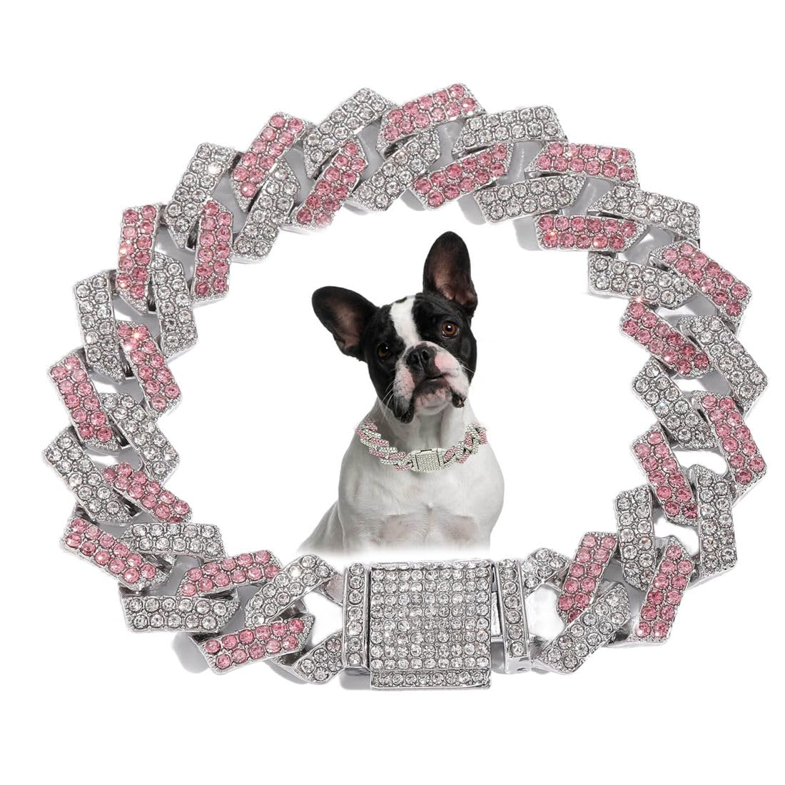 Pink Dog Collar Necklace, Bling Diamond Cuban Link Puppy Collars Glitter Rhinestone Cat Chain For Small Medium Large Pet Dogs, 1