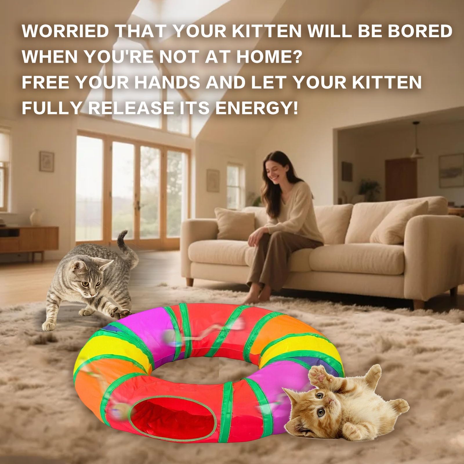 Cat Tunnel with Fast Rolling Ball, Motion-Activated Ball in Fun Cat Play House, Hide & Seek Puzzle Game for Indoor Cats & Kitten