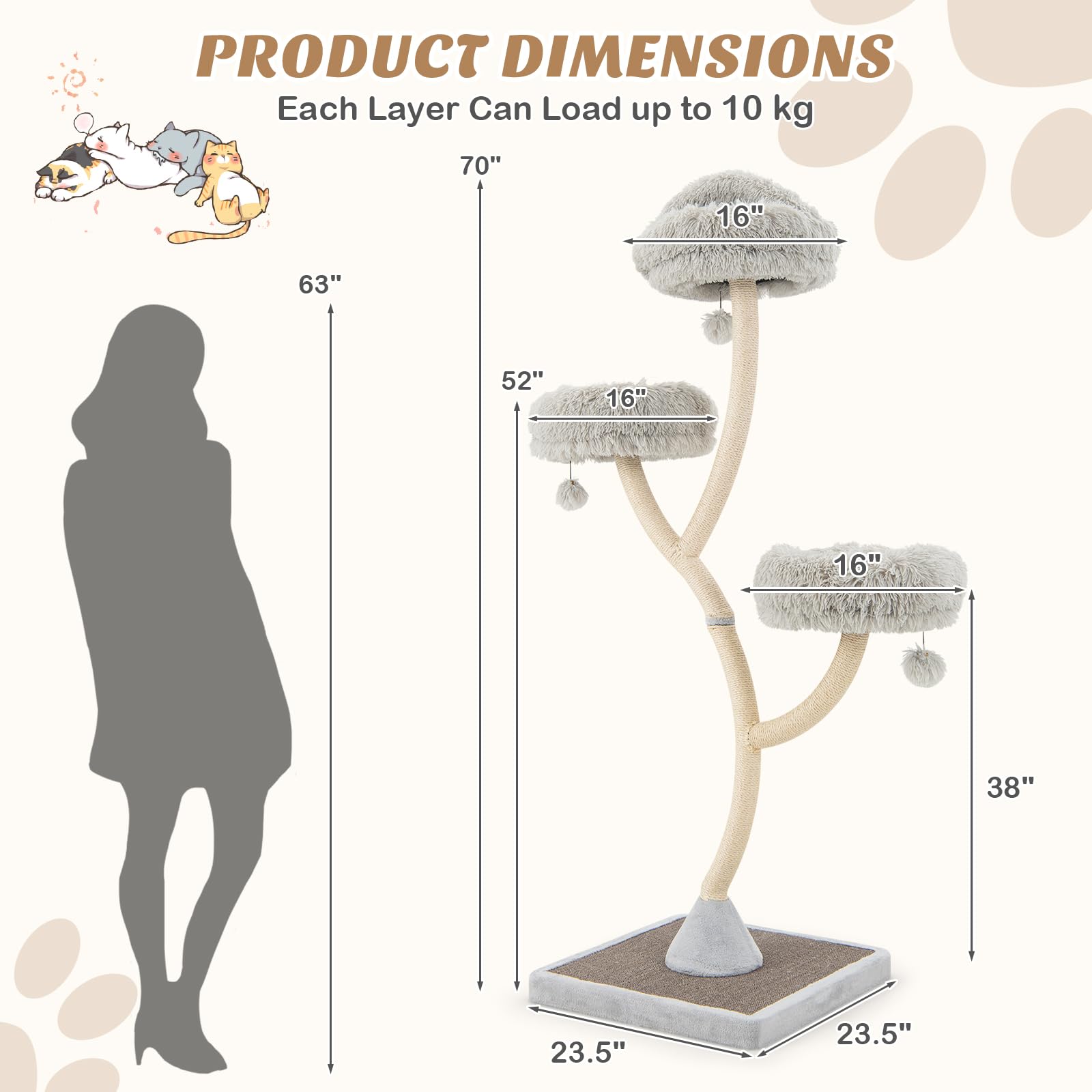 PETSITE 70" Tall Cat Tree - Multi-Level Tower with Scratching Posts, 3 Cozy Perches, Grey, Large for Cats 20 lbs+ - Model PTSN10102CT