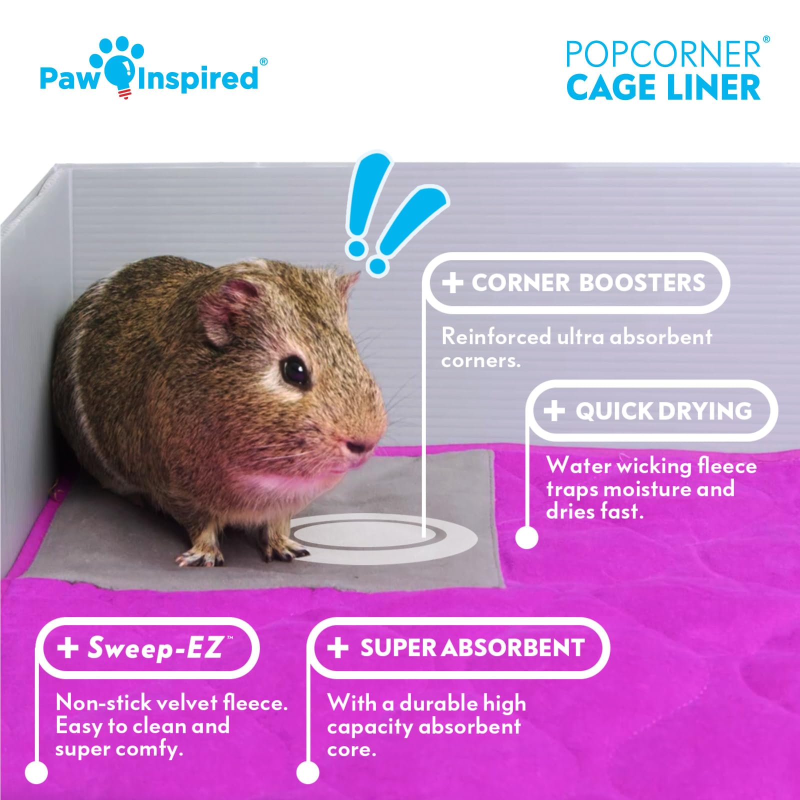 Paw Inspired PopCorner Guinea Pig Cage Liners - Washable Fleece Bedding, Super Absorbent Pee Pad, Midwest Size, Light Gray