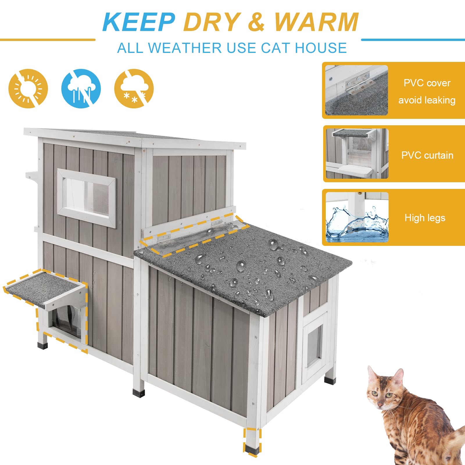 Ketive Feral Cat House Outdoor Cat Shelter Weatherproof Large Wooden 3-Rooms Stray Cat Shelter Indoor 2 Story Cat House For Fera